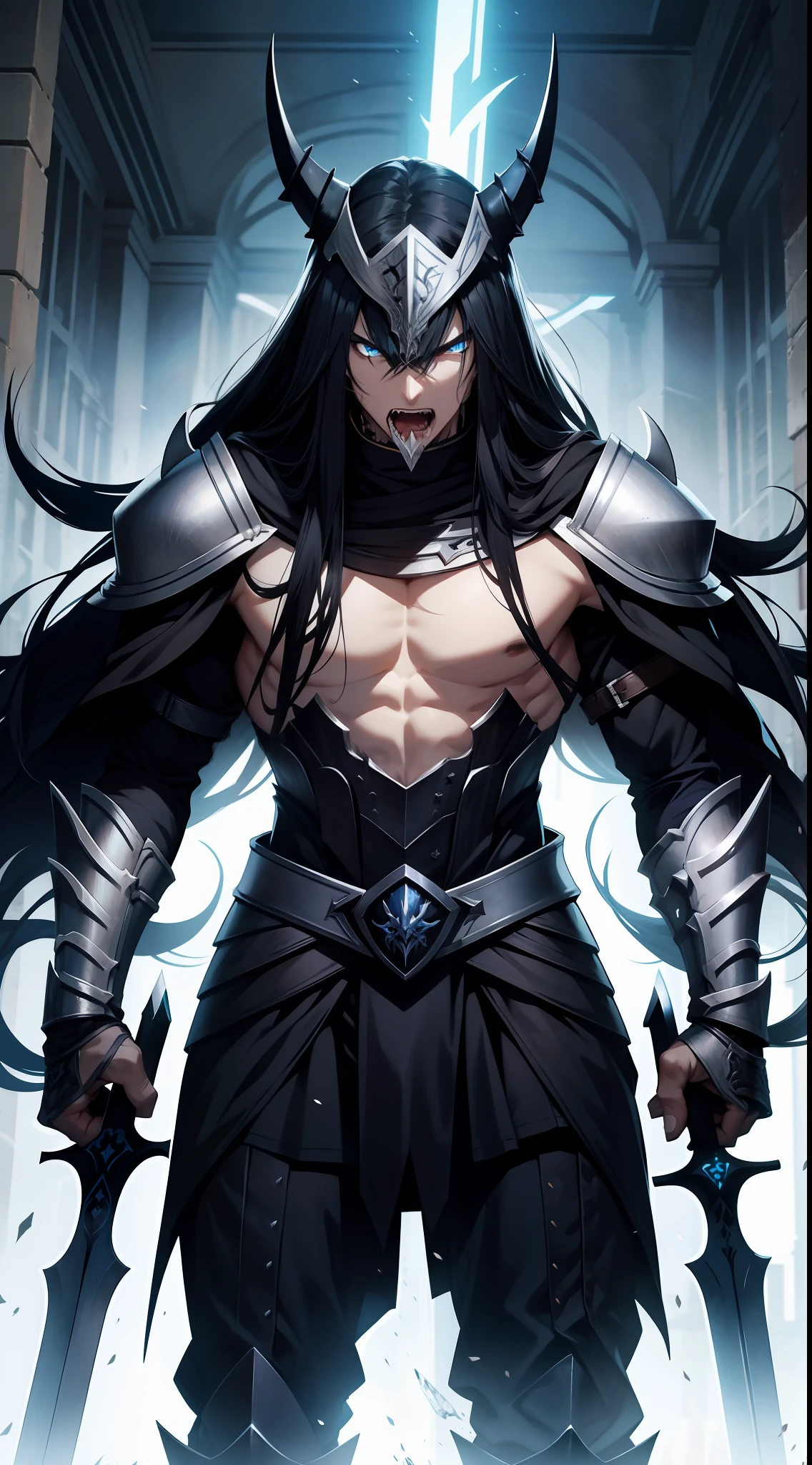 Tall guy, long black hair, blue eyes, berserker clothes, horned helmet, open chest, huge sword, fierce scream, masterpiece, high quality