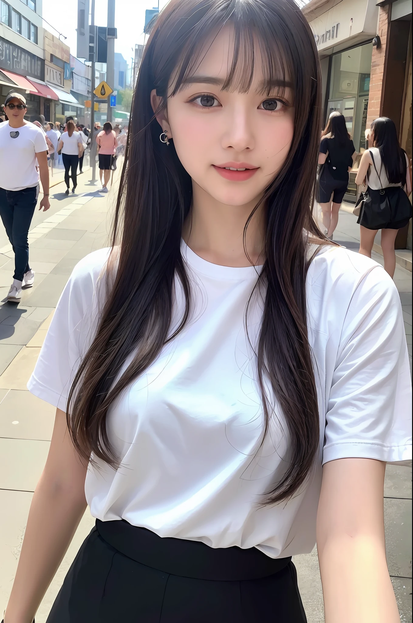 (8k, RAW Photo, Best Quality, Masterpiece:1.2), Ultra Detail, Super Resolution, (Realistic, Realistic Photo:1.37), Portrait, High Detail RAW Color Photo, Professional Photo, Extremely Detailed and Beautiful, Extremely detailed, 8k wallpaper, amazing and detailed, huge file size, official art, highly detailed CG unity 8k wallpaper, highly detailed beautiful girl, highly detailed face, highly detailed eyes, highly detailed skin, highly detailed fingers, highly detailed nose, very detailed detailed mouth , perfect anatomy, highly detailed background, highly detailed clothing, 1girl, (18:1.2), teen, cute girl, famous japanese idol, kawaii, realistic body, petite, fair skin, glowing skin , slim body , handsome body, black hair, long straight hair, (blunt bangs:1.2), smile, cute, youthful, cute face, realistic face, delicate eyes, drooping eyes, white t-shirt, skirt, earring, looking at viewer, cowboy shot, front Facing, Standing, Contraposto, High Street, Public, Crowd, Dynamic Lighting, Very Large Breasts,