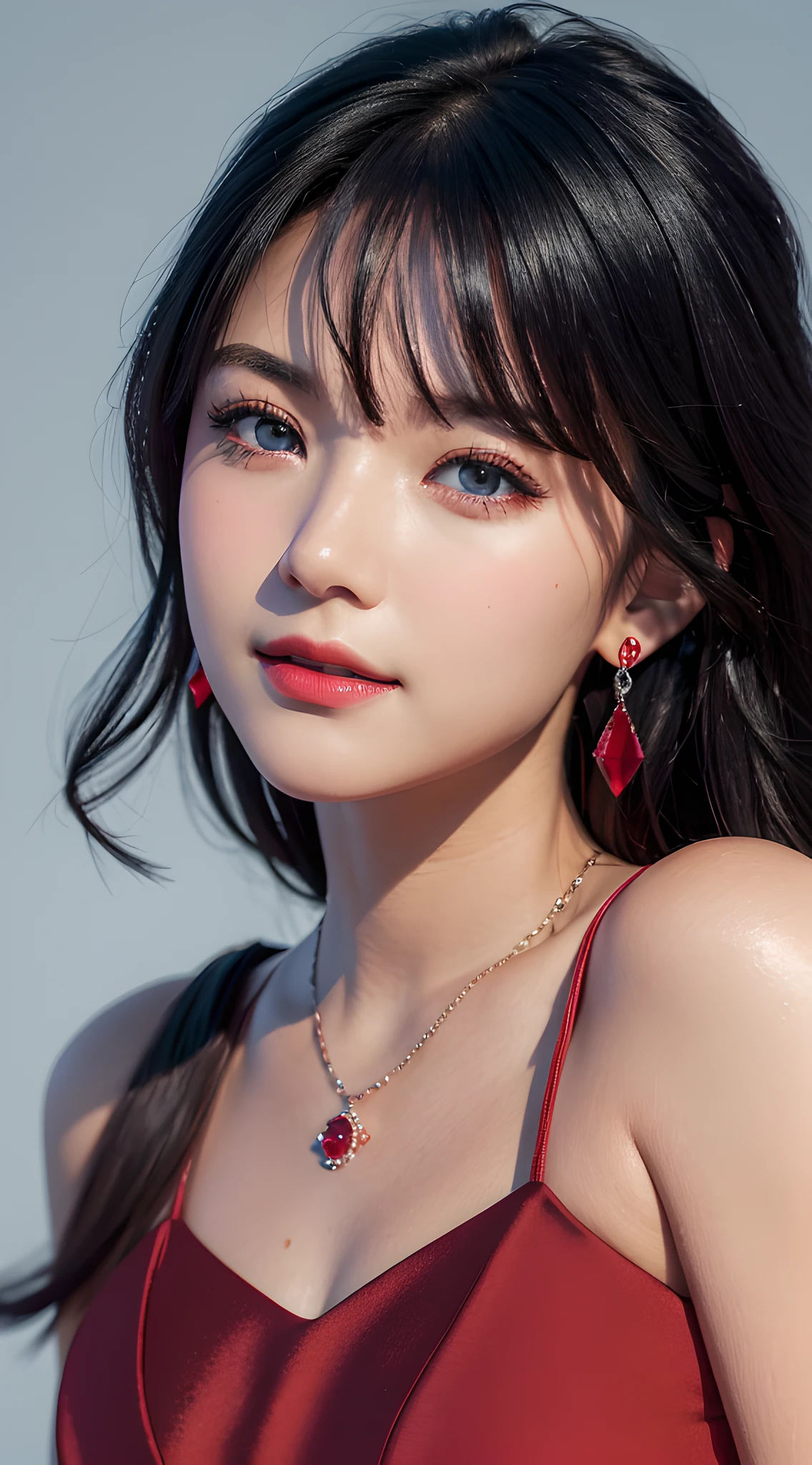 (close up:1.6), masterpiece, best quality, 8k, absurdres, beautiful girl, pretty face, looking at viewer, smile, (dark red dress:1.7), ruby earrings, ruby necklace, teen, cute, (smokey red eye shadow with glitter, glazed pinkish red lips:0.8), ultra realistic, highres, photography, film grain, chromatic aberration, sharp focus, HDR, facelight, dynamic lighting, cinematic lighting, professional shadow, simple background, (dull blue background:1.3), highest detailed, extreme detailed, ultra detailed, finely detail, real skin, delicate facial features, detailed face and eyes, sharp pupils, realistic pupils