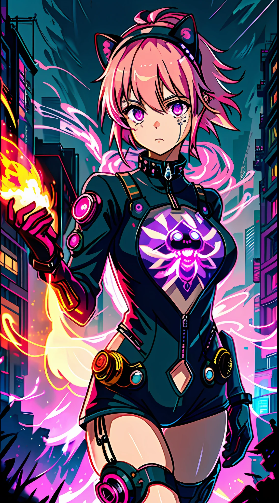 ((8K quality, cinematic level, clear to every strand)), (sad, cyberpunk cat lady, mechanical body, short pink hair, crying), (background flame, exploding sky, disaster), (top-to-bottom shot), (+bad weather, cyberpunk, neon, smoke, red apricot fairy peach), [black suit, headband, long ears, eyeliner, long-sleeved gloves, pink aperture pupils, full of tattoos], [(rivets, purple smoke, retro, mecha, sparkle), burst, energy flow]