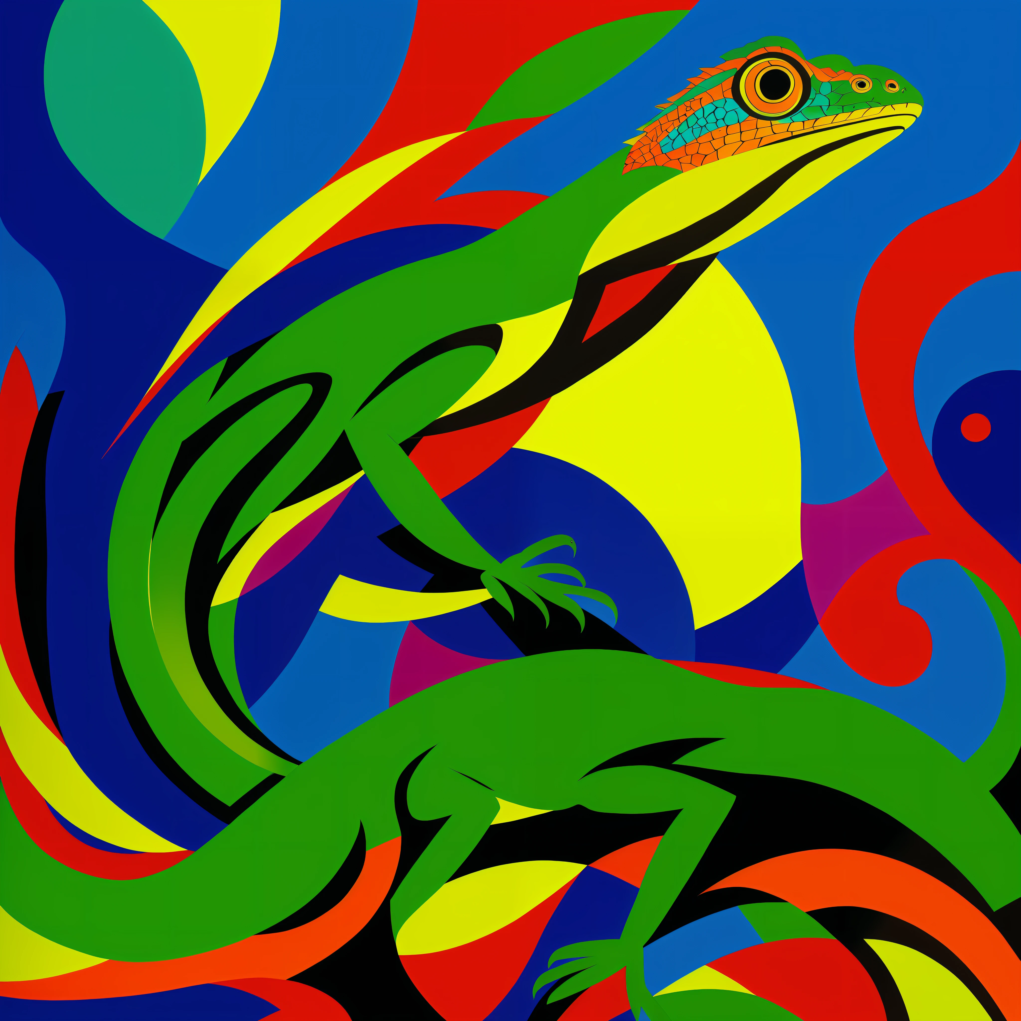 painting of a lizard sitting on a tree branch with a colorful background, inspired by Franz Marc, inspired by Georges Lacombe, inspired by Dahlov Ipcar, inspired by Paul Feeley, inspired by Max Ernst, psychedelic frog, inspired by Ernst Ludwig Kirchner, inspired by Yves Tanguay, by Paul Feeley, inspired by George Biddle --auto --s2