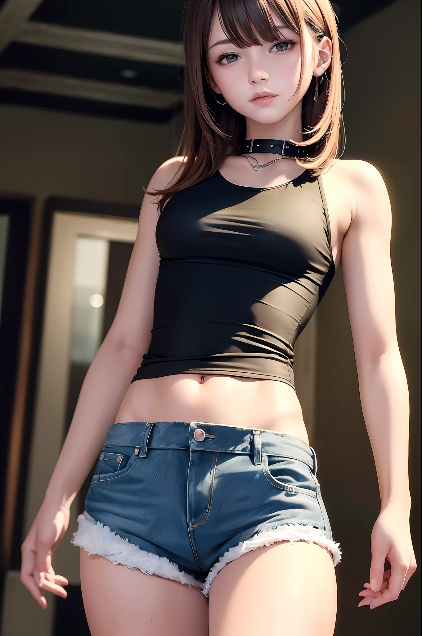 ((medium breast, tomboy girls, small head)), daylight, sunlight, (chiseled abs : 1.1), (perfect body : 1.1), (short wavy hair : 1.2) , auburn hair, collar, chain, full body shot, crowded street, wearing black tanktop, jeans jacket, ((shorts)), (extremely detailed CG 8k wallpaper), (an extremely delicate and beautiful), (masterpiece), (best quality:1.0), (ultra highres:1.0),  beautiful lighting ,perfect lightning, realistic shadows, [highres], detailed skin, ultra-detailed