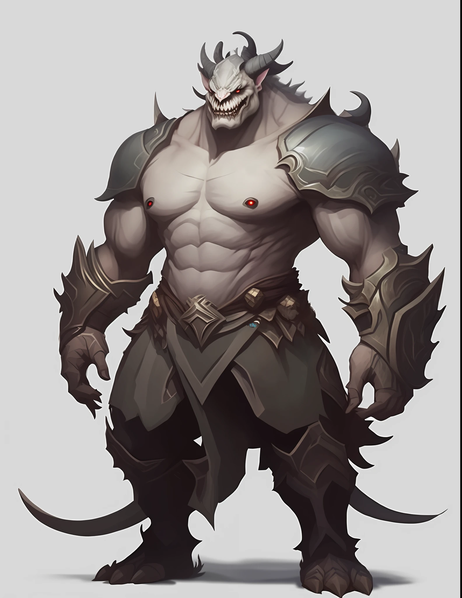 A drawing of a male character with a horned face and a horned body, DND Goliath character concept, Complex fantasy character, Detailed full-body concept, Feng Zhu concept art, Senior conceptual artist, Conceptual creature character art, Djinn Man demon hybrid, artStation concept art, full body concept,  art concept, Potrait Berserker, thick armor, do not change the character design just readjust the face, put readjustment of details and readjust the quality of the image,put forest background