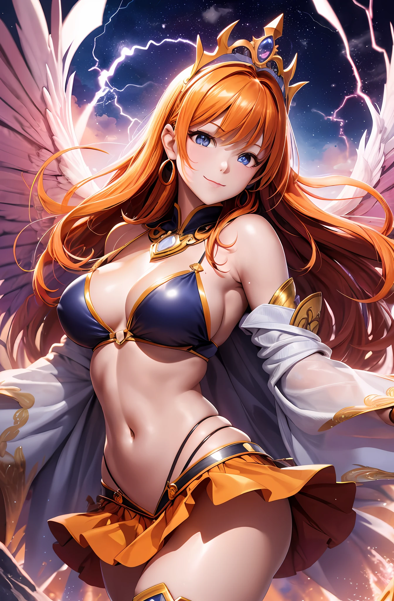 Top quality, ultra high resolution, (photorealistic: 1.4), Japan people, attractive faces. Model face. Thin. Smile, bikini, beautiful details, orange hair. Big tits. Miniskirt. Earring. Detail. Vivid? On the back large wings. Long hair. Tiara. Orange lightning. Thundercloud. Thunder. Temple. God. Robe of feathers. Lance.
