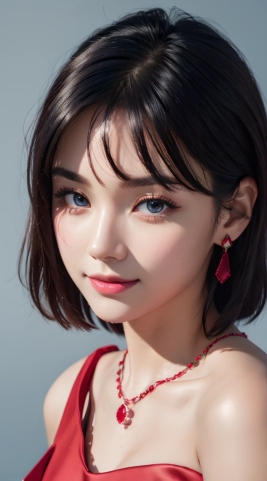 (close up:1.6), masterpiece, best quality, 8k, absurdres, beautiful girl, pretty face, looking at viewer, smile, (dark red dress:1.7), ruby earrings, ruby necklace, teen, cute, (smokey red eye shadow with glitter, glazed pinkish red lips:0.8), ultra realistic, highres, photography, film grain, chromatic aberration, sharp focus, HDR, facelight, dynamic lighting, cinematic lighting, professional shadow, simple background, (dull blue background:1.3), highest detailed, extreme detailed, ultra detailed, finely detail, real skin, delicate facial features, detailed face and eyes, sharp pupils, realistic pupils