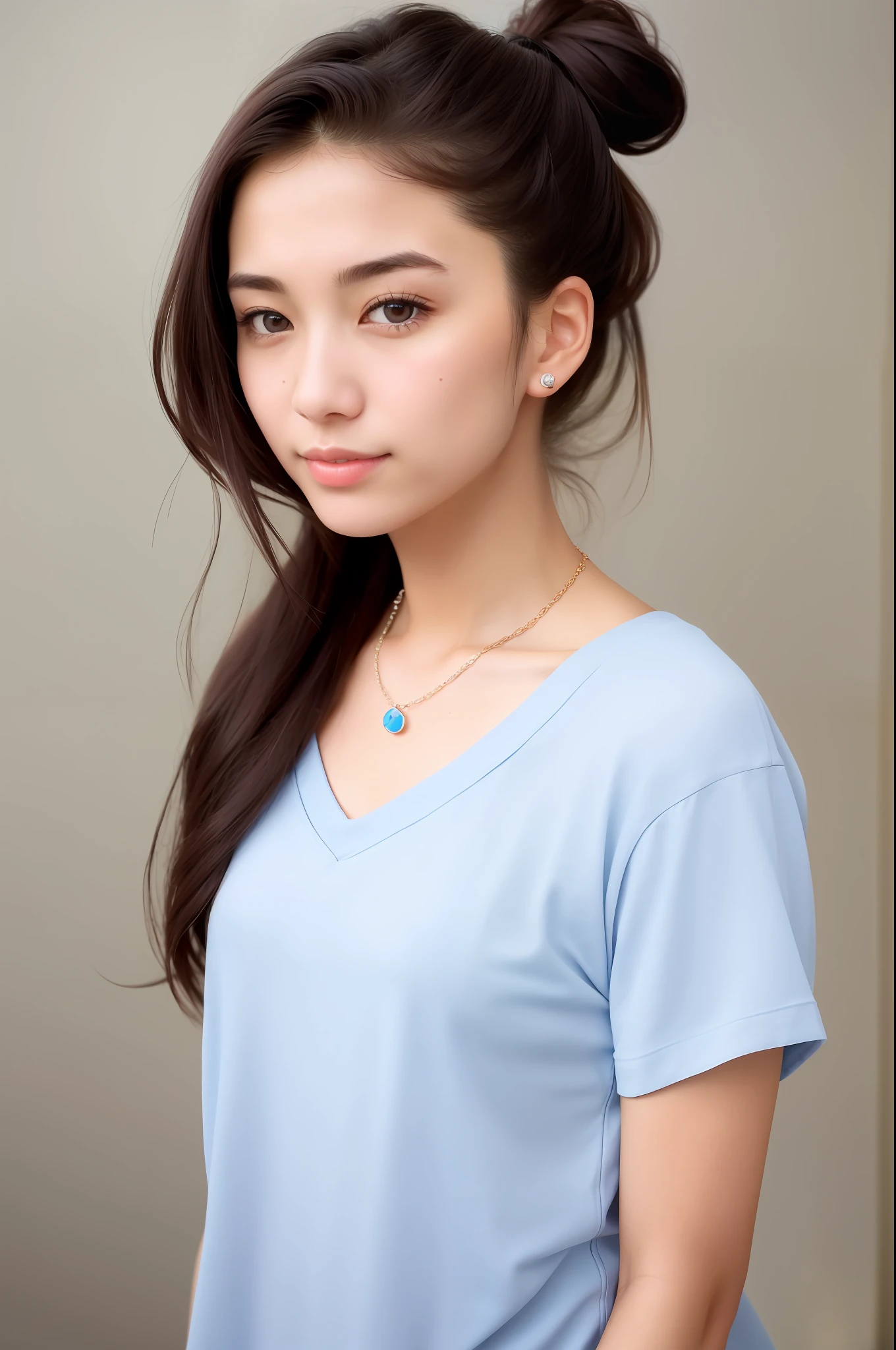 Cute beautiful ponytail Japan woman in plain t-shirt, in the city, very detailed, 21 years old, innocent face, natural wave hair, blue eyes, high resolution, masterpiece, top quality, intricate details, very detailed, sharp focus, detail skin, realistic skin texture, texture, detailed eyes, professional, 4k, charming smile, eyes are large, small moles at the mouth, necklace on neck, beautiful collarbone, shot in Canon, 85mm, shallow depth of field, Kodak Vision color, perfectly fitting body, highly detailed, photot_, photorealistic, realistic, postworking, maximum detail, roughness, real life, hyperrealistic, photorealism, photography, 8K UHD, photography