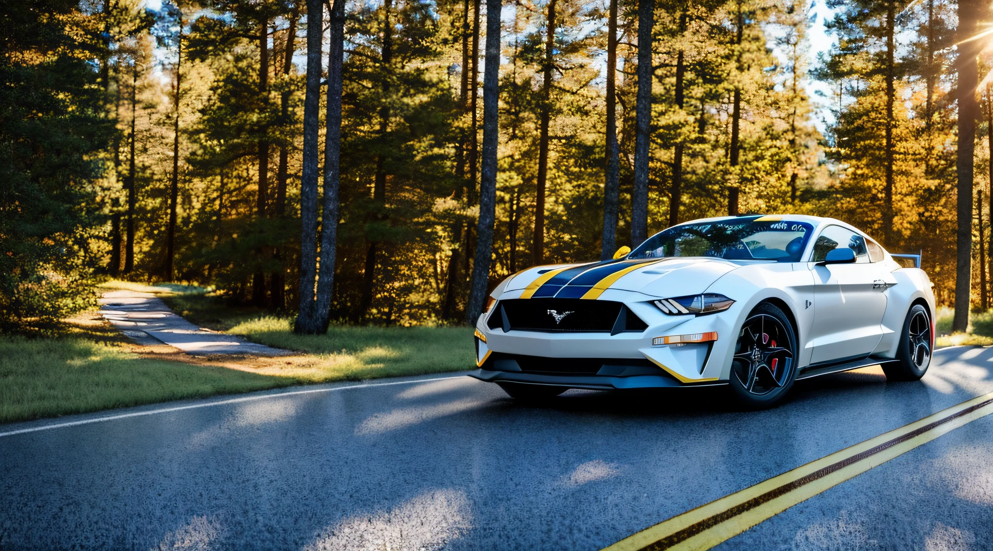 sports car model mustang year 98, in gray color, running on a road, with a background of a pine forest, the road wet by rain and the reflection of the vehicle appearing, realistic image, rendered 3d, detailed image, 12k, realistic photo, cinematic, vivid colors, ultra realistic image, detailed image, 12k image, ultra resolution, vivid colors, real image, 3d rendering, ray tracing, cinematic lighting, realism, expressionism, UHD, 8k, 16k, super detail, high detail, high quality