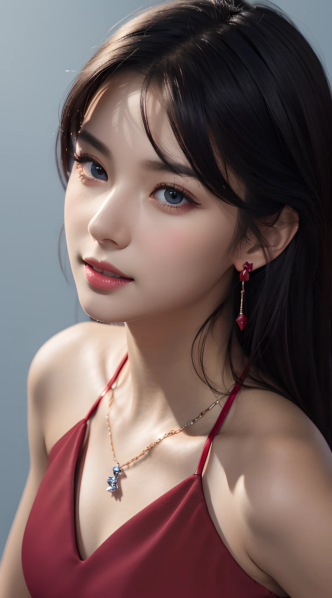 (close up:1.6), masterpiece, best quality, 8k, absurdres, beautiful girl, pretty face, looking at viewer, smile, (dark red dress:1.7), ruby earrings, ruby necklace, teen, cute, (smokey red eye shadow with glitter, glazed pinkish red lips:0.8), ultra realistic, highres, photography, film grain, chromatic aberration, sharp focus, HDR, facelight, dynamic lighting, cinematic lighting, professional shadow, simple background, (dull blue background:1.3), highest detailed, extreme detailed, ultra detailed, finely detail, real skin, delicate facial features, detailed face and eyes, sharp pupils, realistic pupils, (black eyes:1.2)