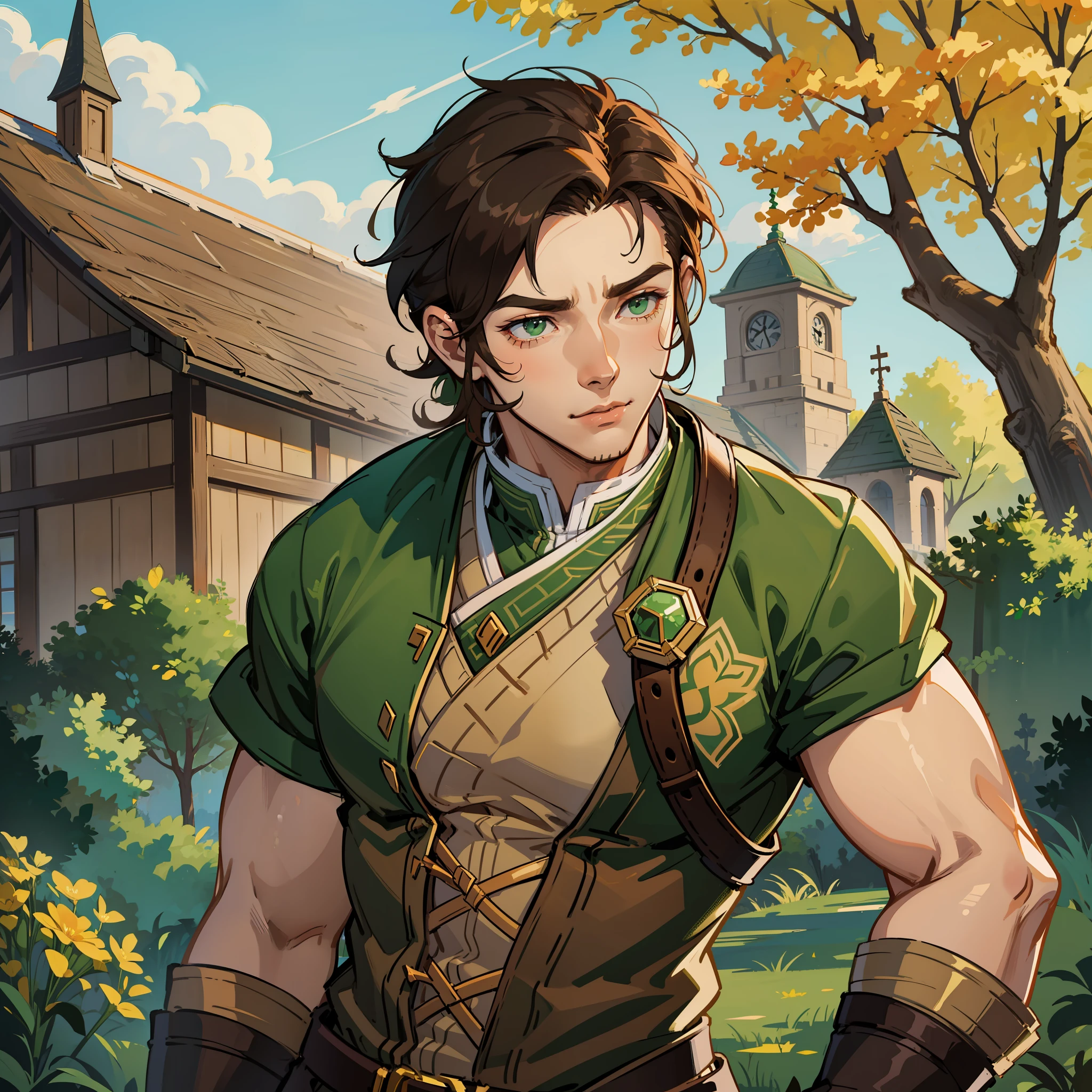 masterpiece, best quality, male, brown hair, Beautiful Art Style, sharp, simple, sweater, cozy, autumn, earth tones, warm, cottage-core, green, masterpiece, hd, 8k, bolin from legend of korra