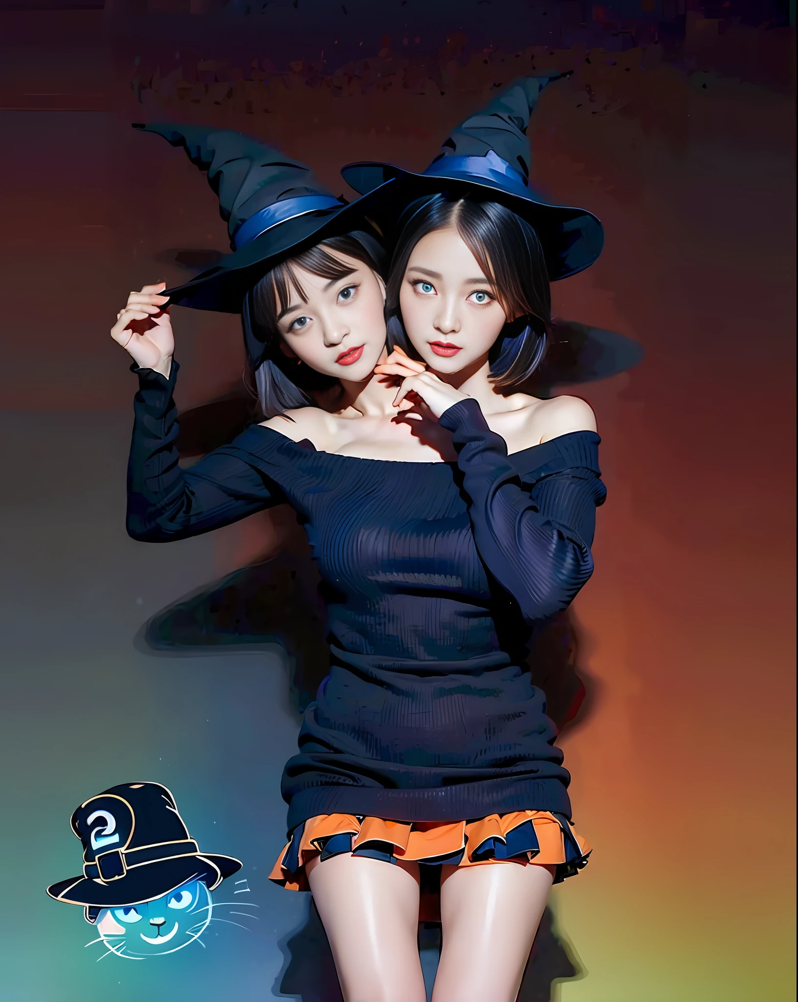 (2heads:1.5), white girl with two heads,short black hair, 1witch hat, different eye colors, blue eyes, orange eyes, black cat on shoulder, different expressions, touching face, open shoulder sweater, redskirt, blue and orange fire background
