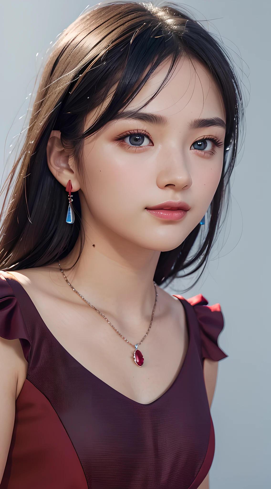 (close up:1.6), masterpiece, best quality, 8k, absurdres, beautiful girl, pretty face, looking at viewer, smile, (dark red dress:1.7), ruby earrings, ruby necklace, , cute, (smokey red eye shadow with glitter, glazed pinkish red lips:0.8), ultra realistic, highres, photography, film grain, chromatic aberration, sharp focus, HDR, facelight, dynamic lighting, cinematic lighting, professional shadow, simple background, (dull blue background:1.3), highest detailed, extreme detailed, ultra detailed, finely detail, real skin, delicate facial features, detailed face and eyes, sharp pupils, realistic pupils