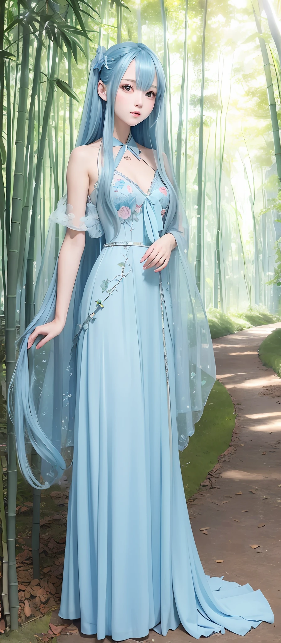 Masterpiece, best quality, official art, 8k wallpaper, very detailed, illustration, 1 fairy, pure and immaculate, sky blue hair, long hair, detailed eyes, Forrest, bare shoulders, hanfu, lake, pure, soft smile, bamboo,