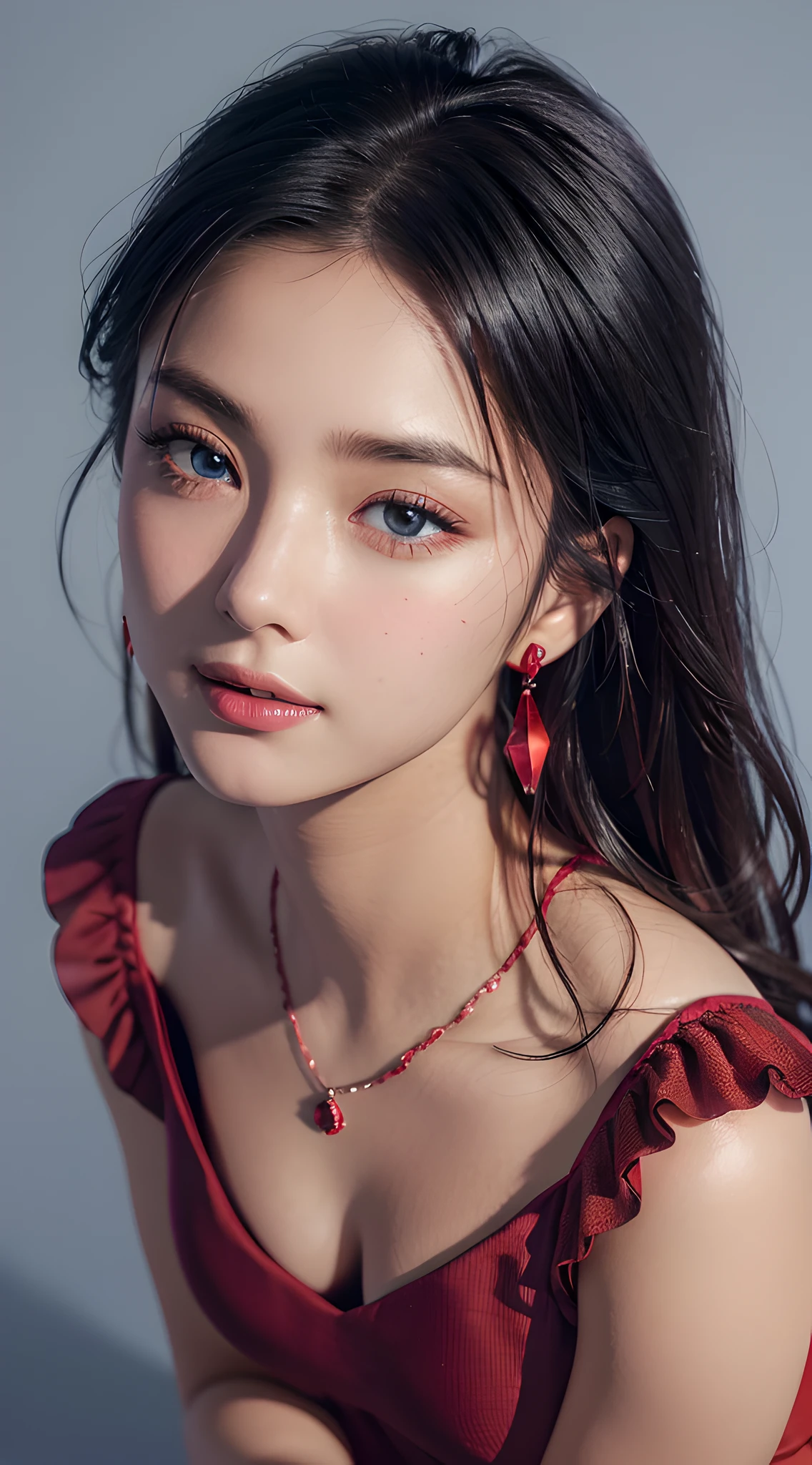 (close up:1.6), masterpiece, best quality, 8k, absurdres, beautiful girl, pretty face, looking at viewer, smile, (dark red dress:1.7), ruby earrings, ruby necklace, teen, cute, (smokey red eye shadow with glitter, glazed pinkish red lips:0.8), ultra realistic, highres, photography, film grain, chromatic aberration, sharp focus, HDR, facelight, dynamic lighting, cinematic lighting, professional shadow, simple background, (dull blue background:1.3), highest detailed, extreme detailed, ultra detailed, finely detail, real skin, delicate facial features, detailed face and eyes, sharp pupils, realistic pupils, (black eyes:1.2)