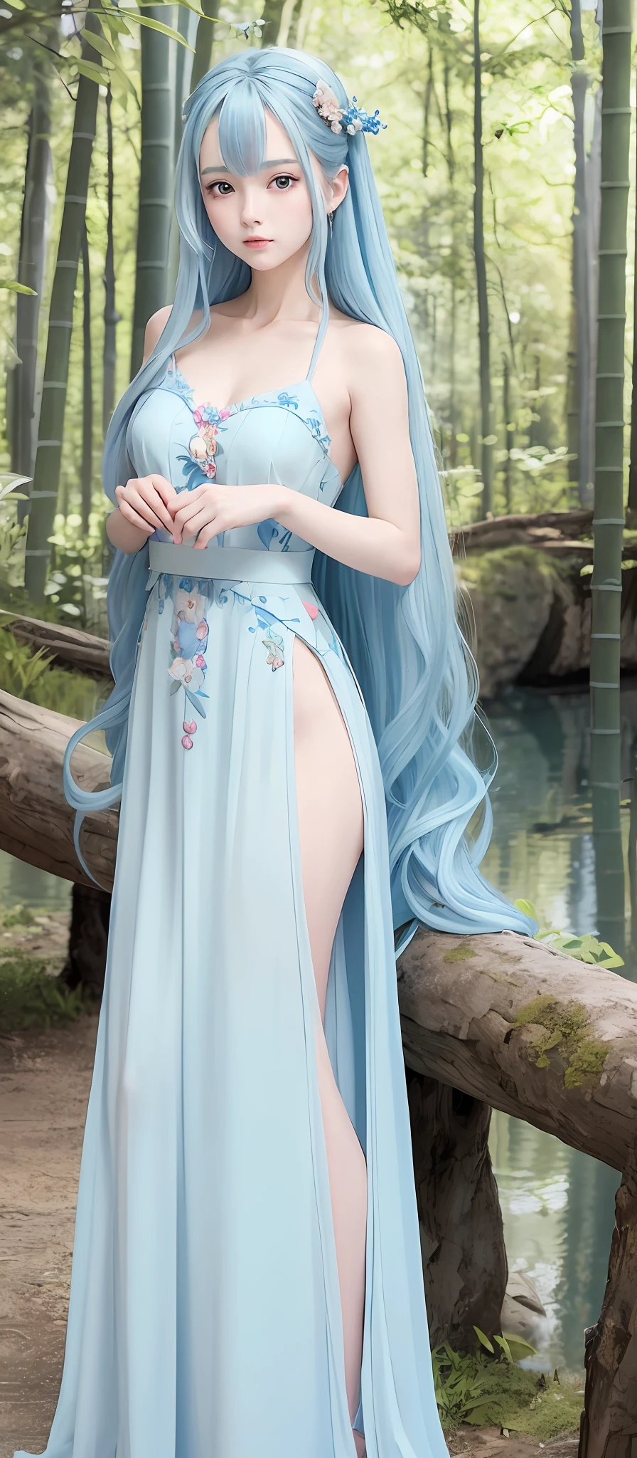 Masterpiece, best quality, official art, 8k wallpaper, very detailed, illustration, 1 fairy, pure and immaculate, sky blue hair, long hair, detailed eyes, Forrest, bare shoulders, hanfu, lake, pure, soft smile, bamboo,