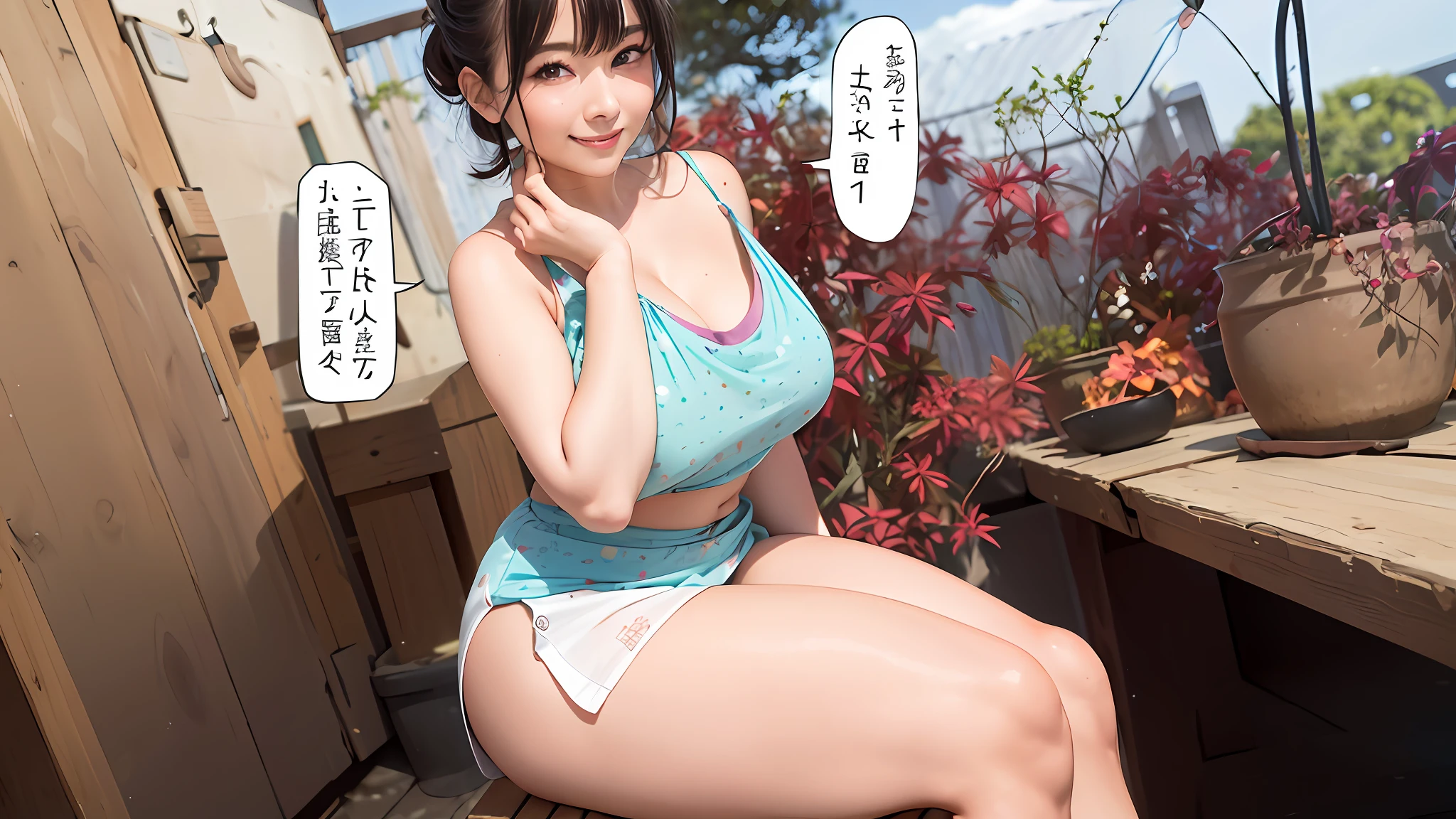 (Photorealistic: 1.4), Masterpiece, Ultra High Resolution, RAW Photo, Best Quality, (Smile with Teeth: 4.0), (Sexy: 1.4), Raw Photo, Japan Beautiful Married Wife, (Cute: 3.0), (Eyes Lowered: 4.0), (Large, Round Eyes: 4.0), (Moisturized Eyes: 3.0), (Upper Eyes Looking at the Camera: 3.0), (Figure-Eight Double Eyebrows: 4.0), Her cheeks are blushing pink, her hands are on her chest, her white skin with makeup, slender, her exposed breasts, her exposed thighs, her small tank top, her miniskirt, her panchira,