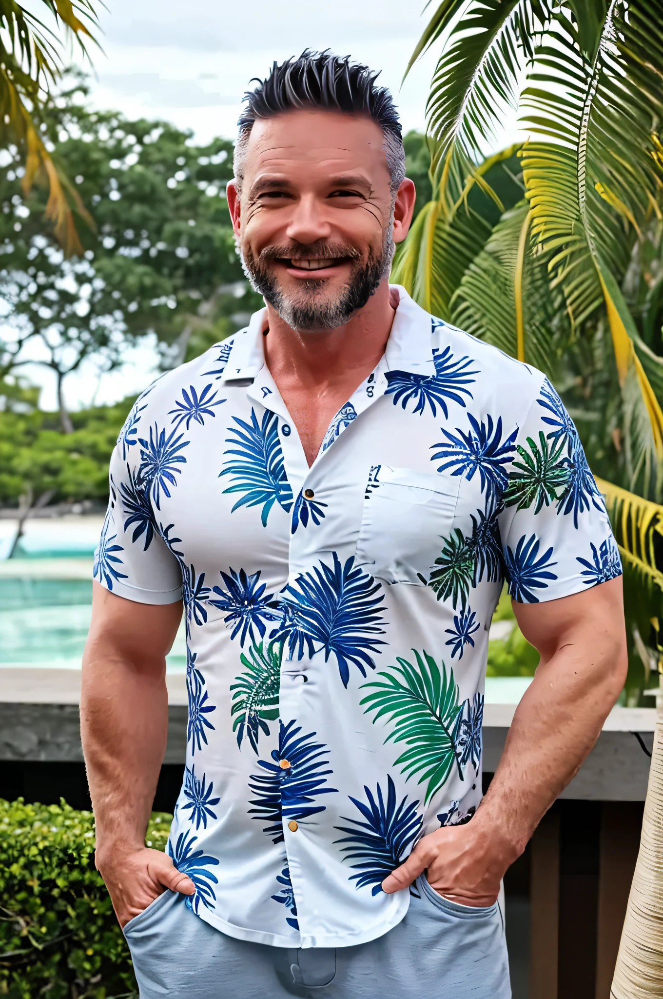 Male, fit,  pecs, big pecs, fully clothed, wearing Coconut Tree Design Aloha Beach Shirt, wearing pants, ((open shirt)), standing, sexy pose, hairy, realistic, Hawaii beach, good light setting. sole