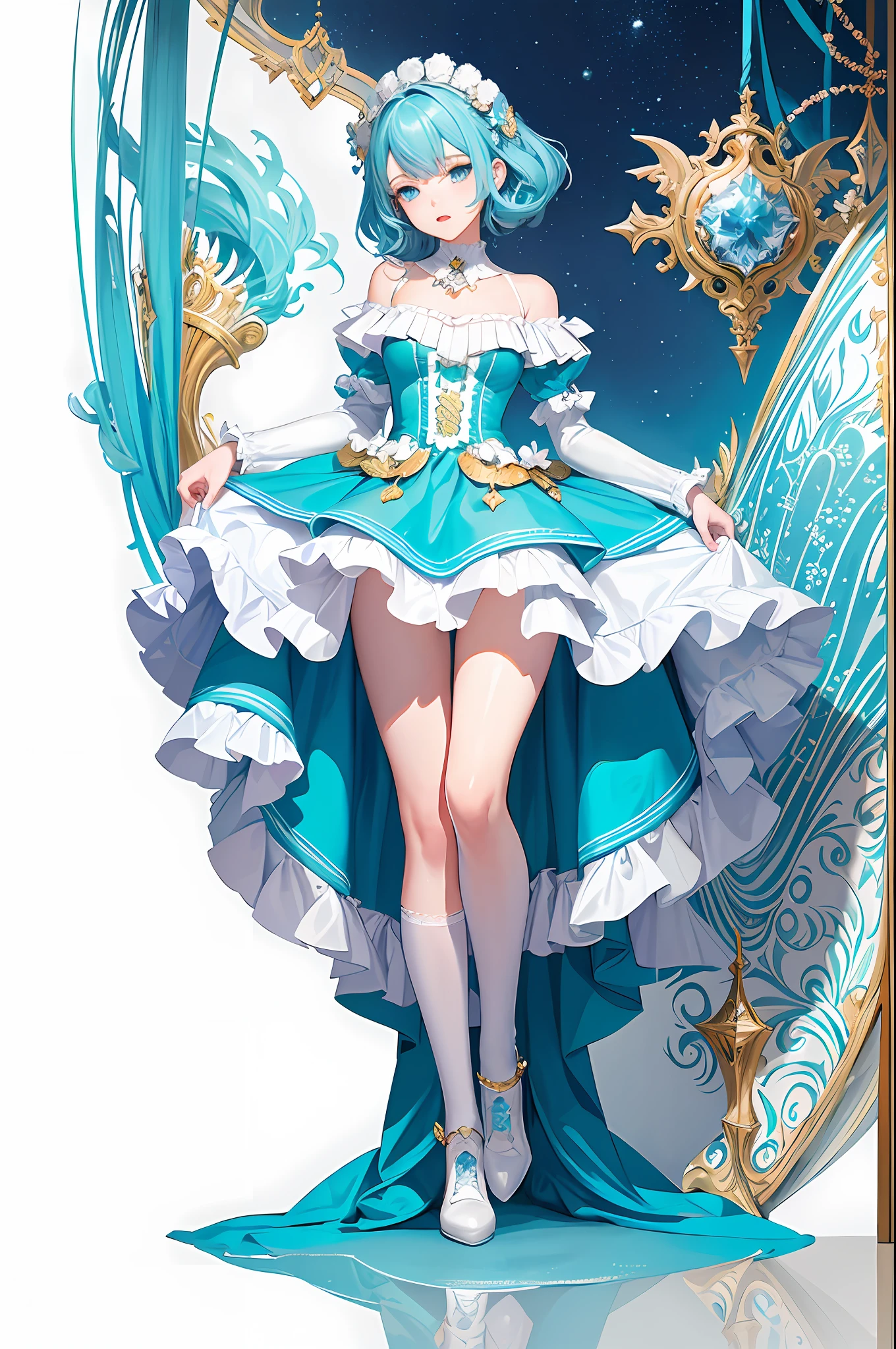 (Masterpiece, Top Quality, Best Quality, Official Art, Beauty and Aesthetics: 1.2), (1girl: 1.3), (Fractal Art: 1.3), Vibrant Aqua Blue Eyes, Medium Hair with Tassels, Full Body, White Socks, Stockings, White Shoes
