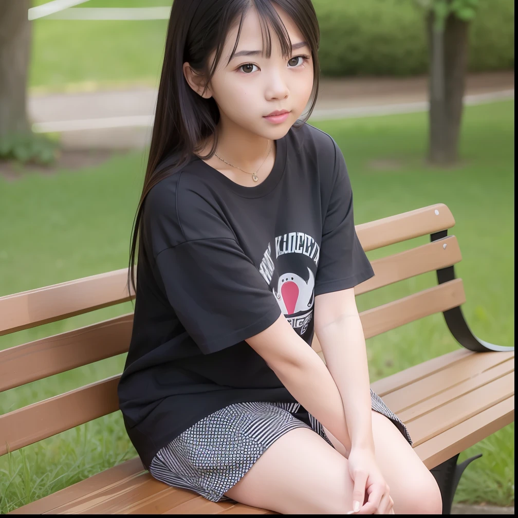 One cute girl. Sitting on a bench. Wearing a black T-shirt.