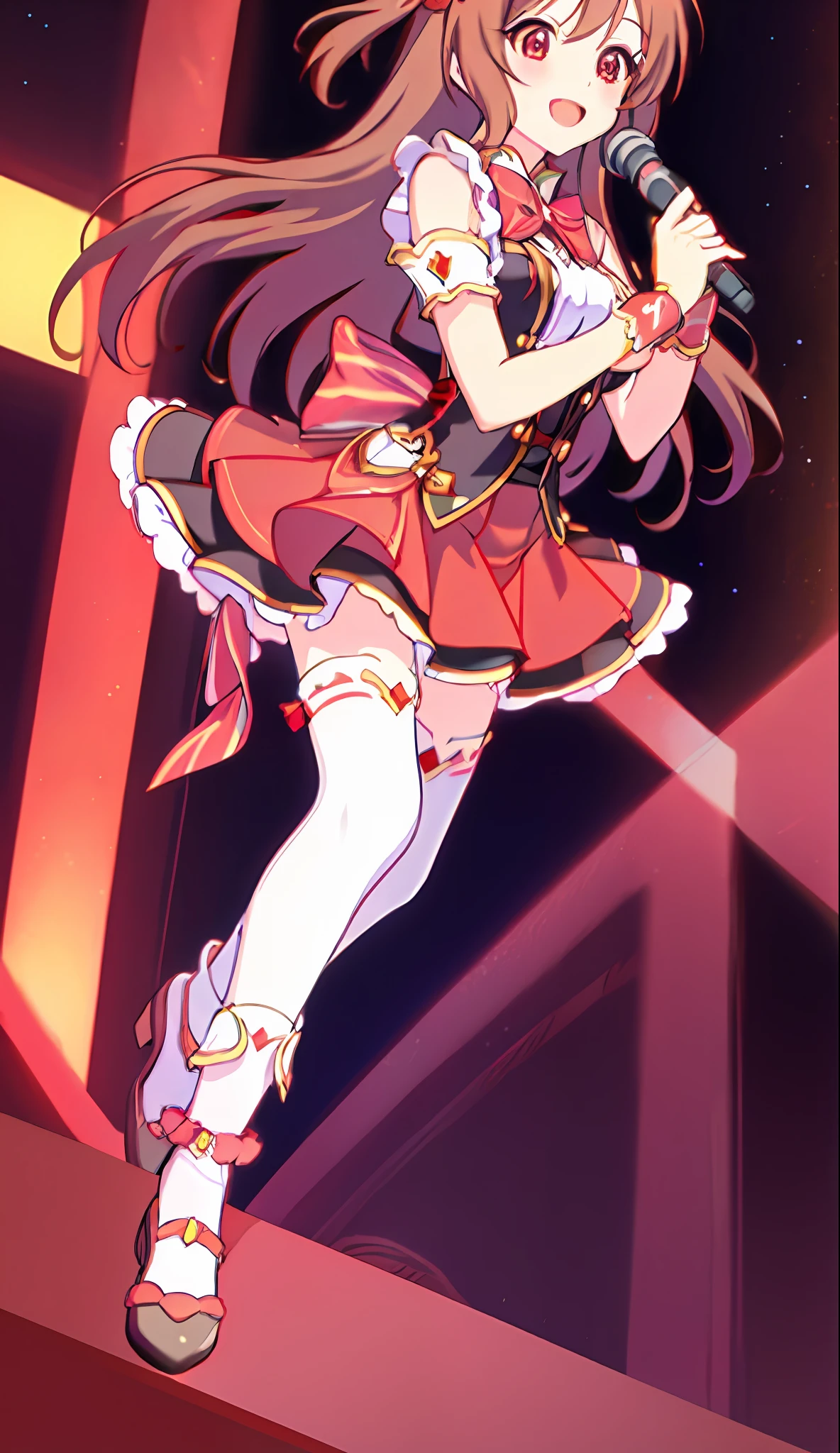18 Love Beautiful Girl, Masterpiece, Top Quality, 8K Animation, Detailed Fingers, Precise Fingers, Non-Unnatural Hands, Illustration, 1 Girl, Solo、、、 Brown Long Hair, Red Idol Costume, Red Mini Skirt, Red Eyes, White Knee Socks, Nozomi,