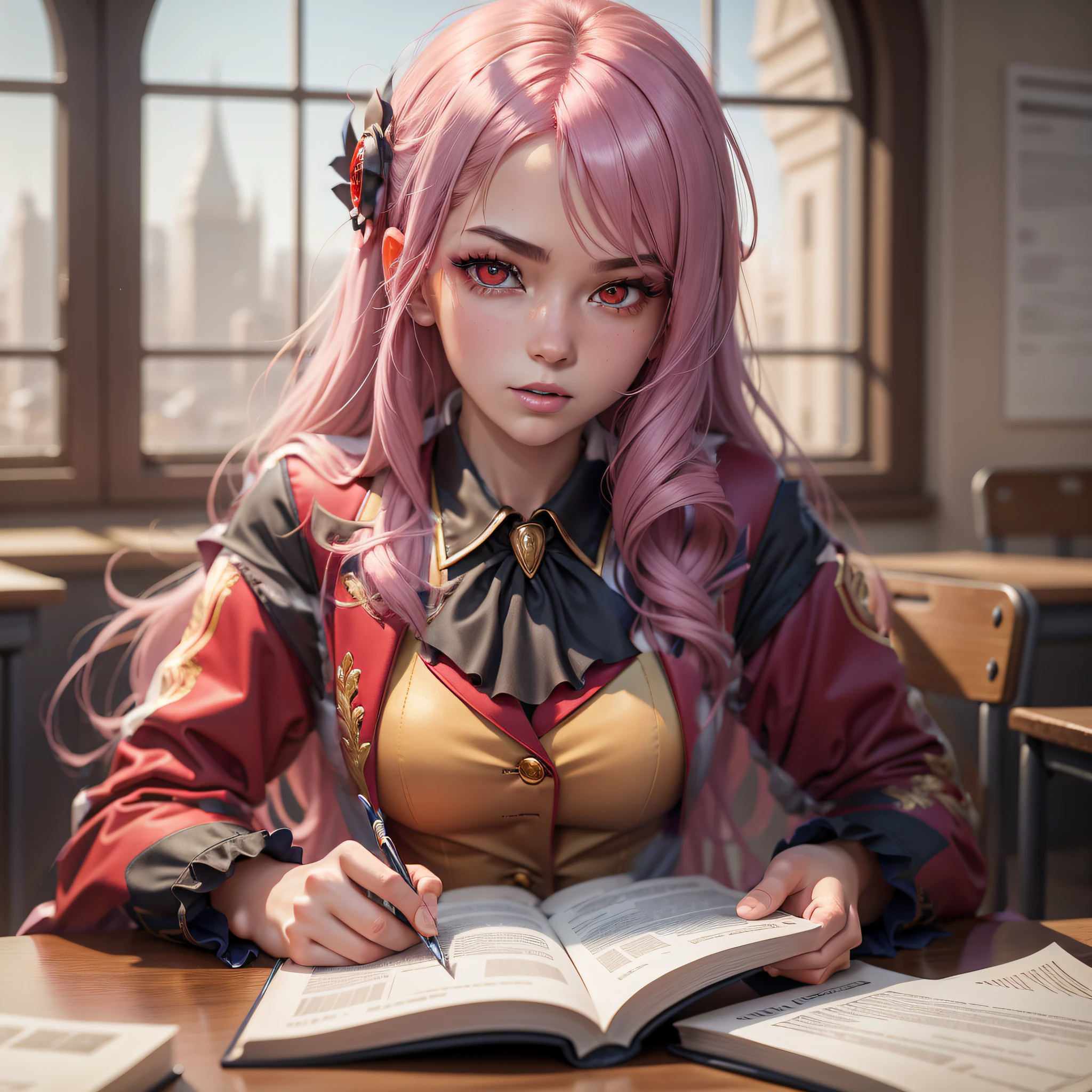 wearing red and gold tailoring, red eyes, (eyes detailed: 1.2)