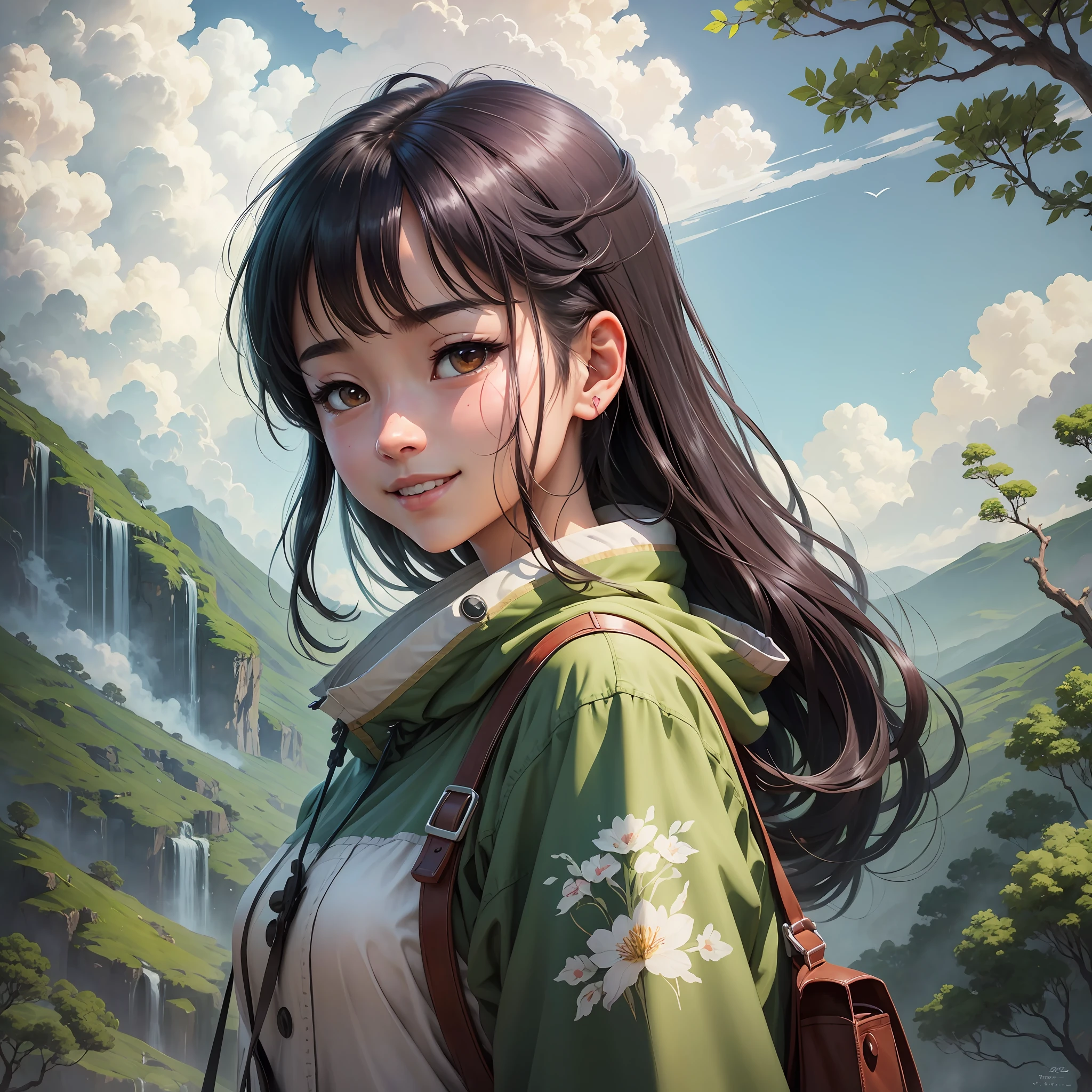 Realistic, Miyazaki Hayao painting style, a beauty, wearing shorts, sexy smile, fresh sky, nature background, anime style 4k, clean and meticulous anime style --auto --s2