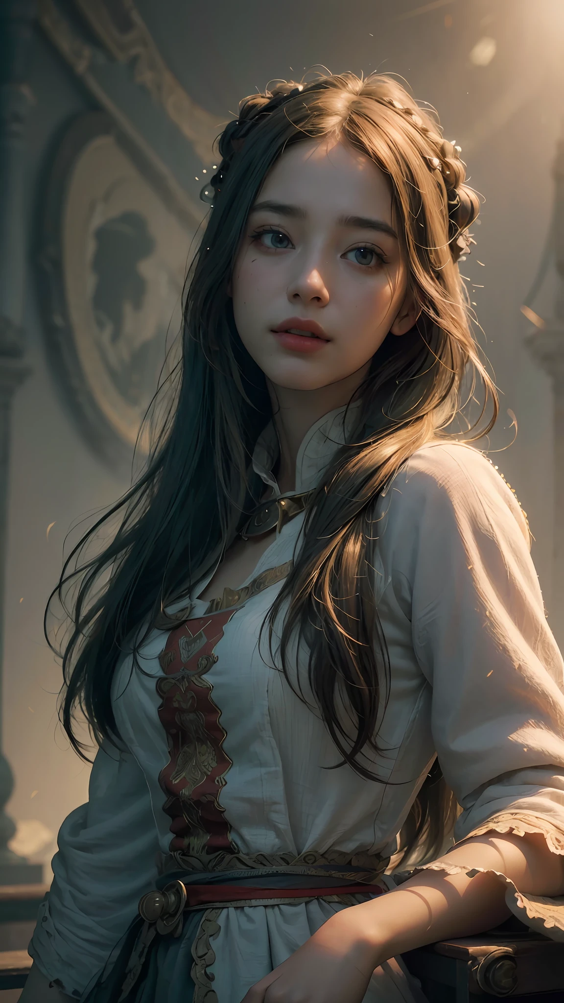 (RAW photo, best quality), (realistic, photo-realistic:1.3),best quality,highly detailed,masterpiece,ultra-detailed,illustration,1girl,upper_body,dynamic angle,world masterpiece theater,messy_long_hair,best quality,extremely detailed CG unity 8k wallpaper,ink,Amazing,cinematic lighting,lens_flare,,dunhuang_style