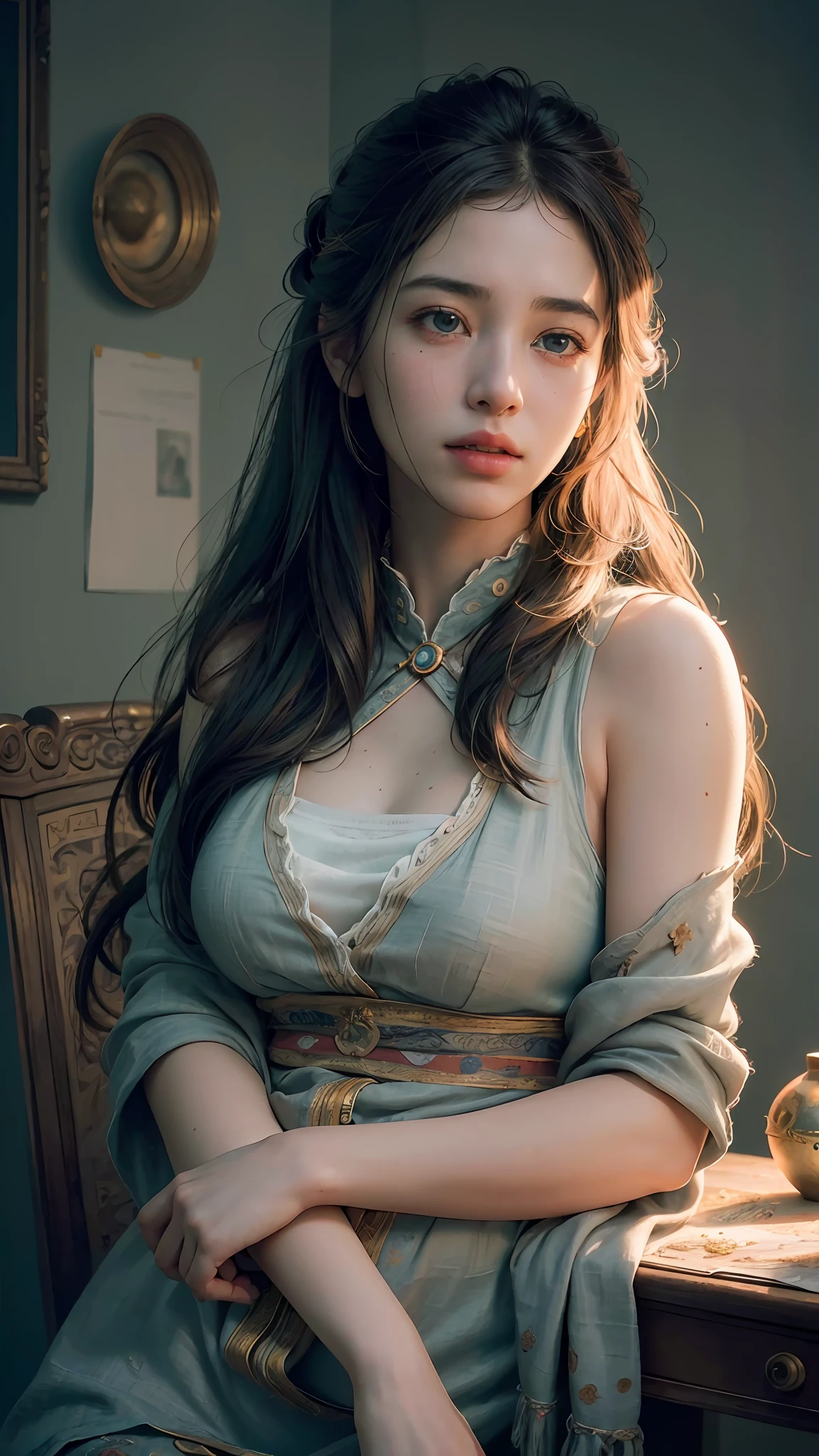 (RAW photo, best quality), (realistic, photo-realistic:1.3),best quality,highly detailed,masterpiece,ultra-detailed,illustration,1girl,upper_body,dynamic angle,world masterpiece theater,messy_long_hair,best quality,extremely detailed CG unity 8k wallpaper,ink,Amazing,cinematic lighting,lens_flare,,dunhuang_style