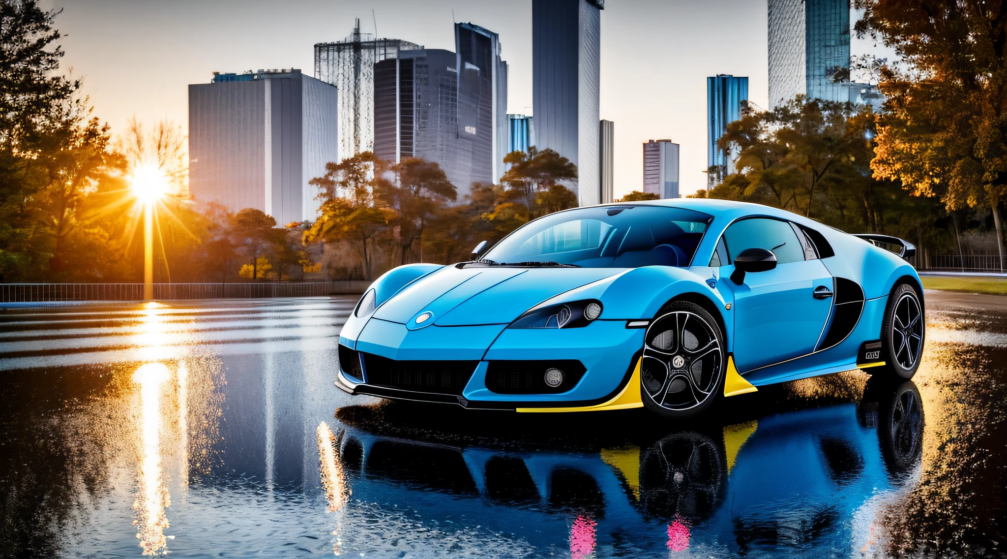 sports car model Bugati Veron, in bright blue color, running on a road, with a background of a big city, the road wet by rain and the reflection of the vehicle appearing, realistic image, rendered 3d, detailed image, 12k, realistic photo, cinematic, vivid colors, ultra realistic image, detailed image, 12k image, ultra resolution, vivid colors, real image, 3d rendering, ray tracing, cinematic lighting, realism, expressionism, UHD, 8k, 16k, super detail, high detail, high quality