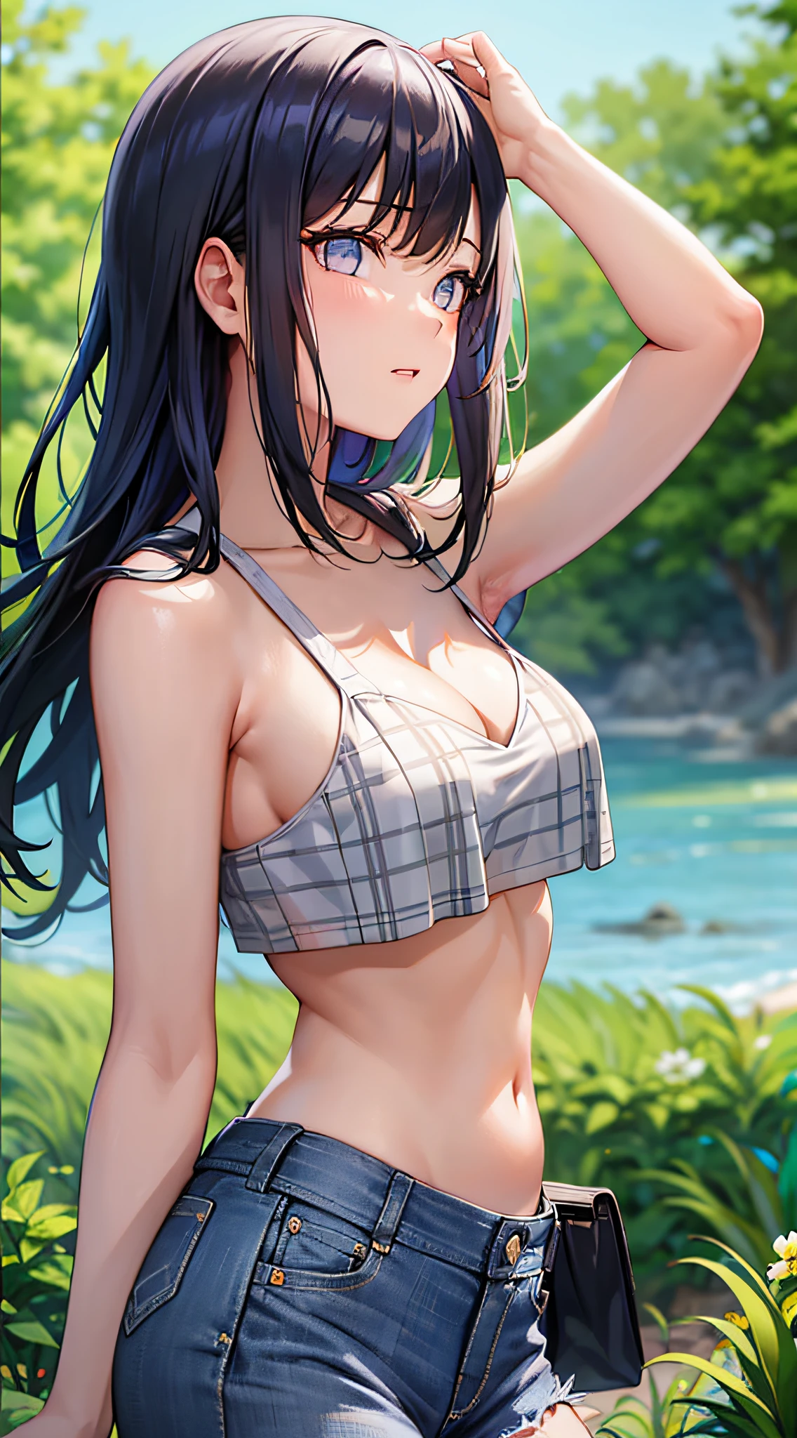 GIRL, (Masterpiece: 1.1), (Best Quality: 1.1), Upper Body Bikini, (White Bikini: 1.1), (Plaid Skirt: 1.1), High Waist Skirt, Blake [Green Grass: Pink, :0.5] Themed, (Urban Background: 1.1), Denim Lenses, Blake Silver, Long, Green Eye, Landscape,