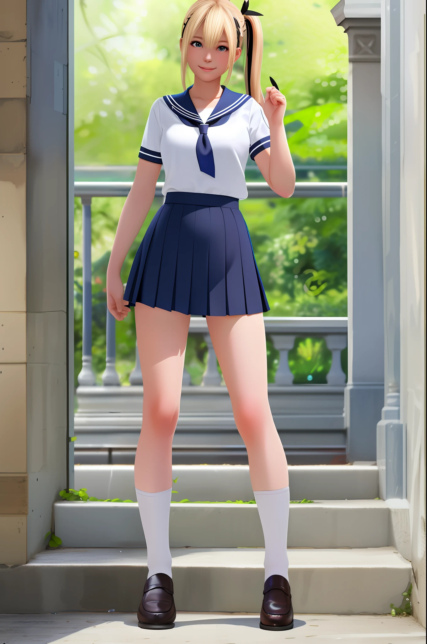 Best Quality, 8k Quality, High Quality, Detailed Images, 1 Girl, Solo, Full Body Marie Rose, Smile, Embarrassing, Blushing, Small Plump Breasts, Breast Laughter, Slender Body, Summer Short Sleeve Sailor Suit, Short Length, Red Collar Ornament, Navel Visible, Dark Blue Ultra Mini Pleated Skirt, Skirt Folded Up, Black C Strinks, C Strings Full Visible, Standing Pose, Legs shoulder-width apart and hips projecting forward, black high socks, brown loafers, staring at viewer, body facing viewer, white thighs spotting C-strings for viewing, gorgeous, ruffled, stone hallway