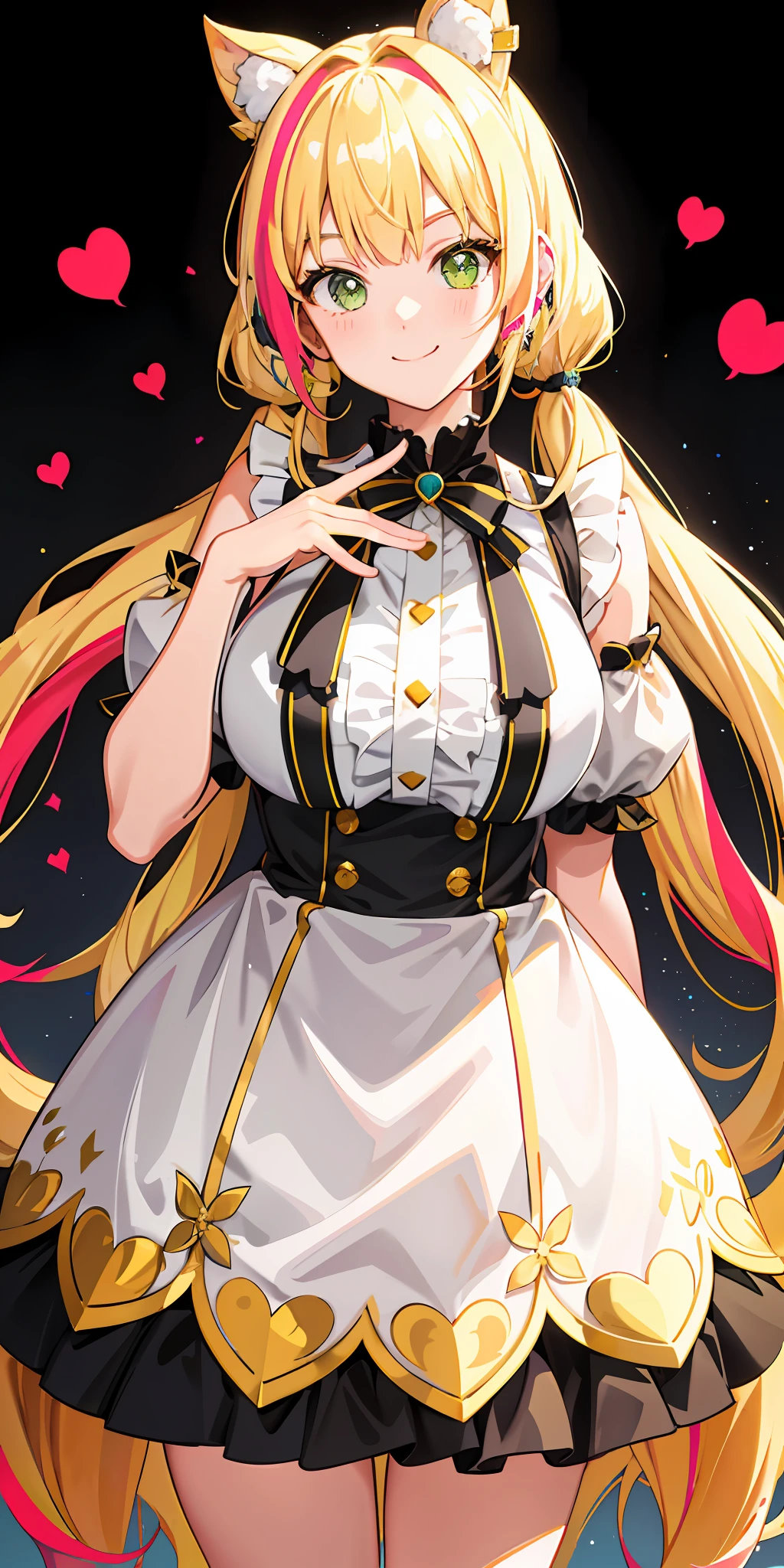 a 1girl, bright, blonde, twin tails, semi-long, heart motif, multicolored hair, green eyes, saleme, head mask, side lights, light particles, wallpaper, big, plump, plump idol, idol costume, loose fluffy, quiet, smile, cute, crazy, gentle, clear, sexy