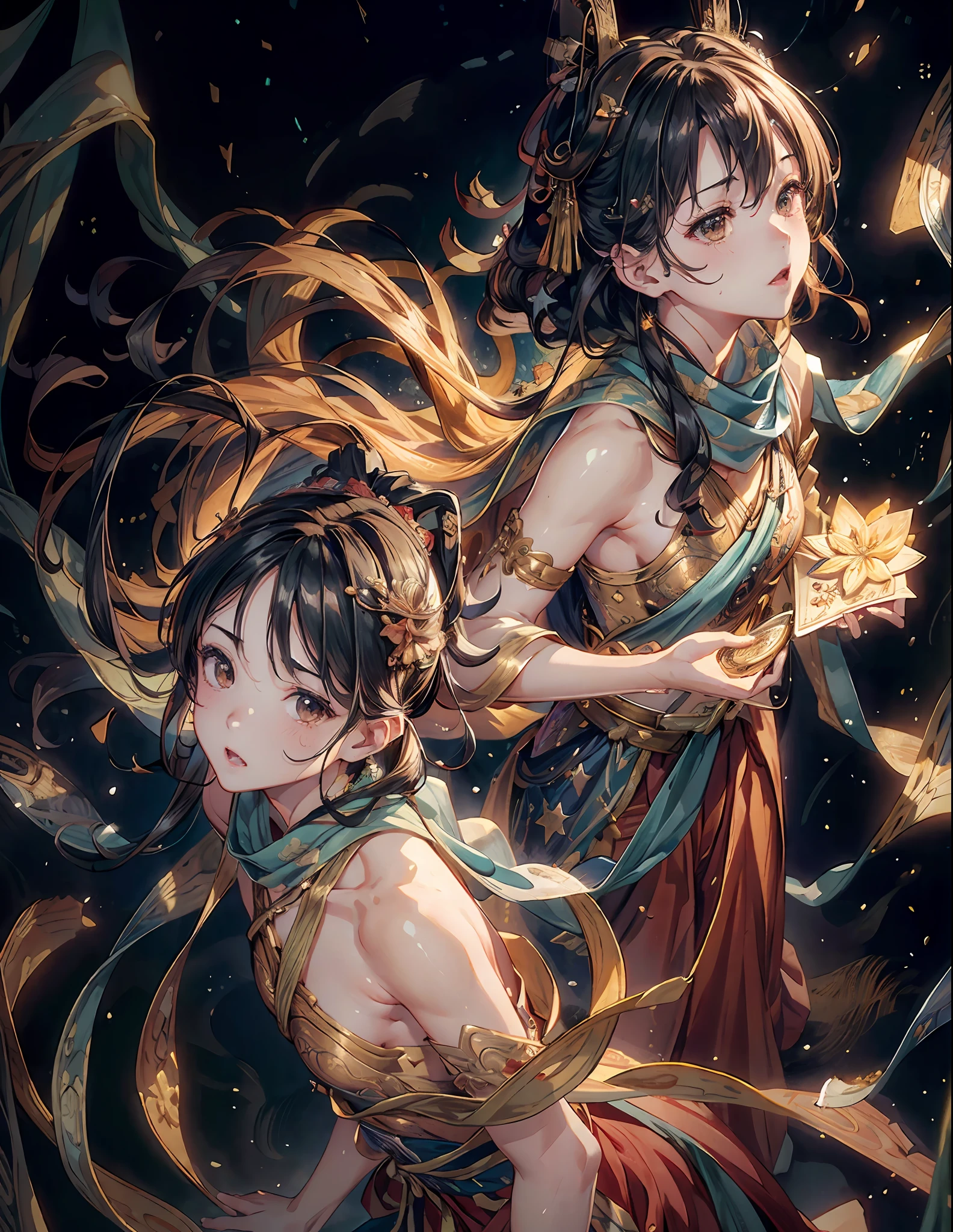 (RAW Photo, Best Quality), (Realistic, Photo Realistic: 1.3), Best Quality, Highly Detailed, Masterpiece, Ultra Detailed, Illustration, 1 Boy, upper_body, Dynamic Angle, World Mastery Theater, messy_curly_hair, Best Quality, Extremely Detailed CG Unified 8k Wallpaper, Ink, Amazing, Movie Lights, lens_flare, dunhuang_style, Detailed Face, Beautiful Rendering of Tang Dynasty, (deliberate expression: 1.5), standing in a flower field, (full of stars: 1.2), (looking up at the starry sky: 1.2), fireflies, floating scarves, Sony master shots