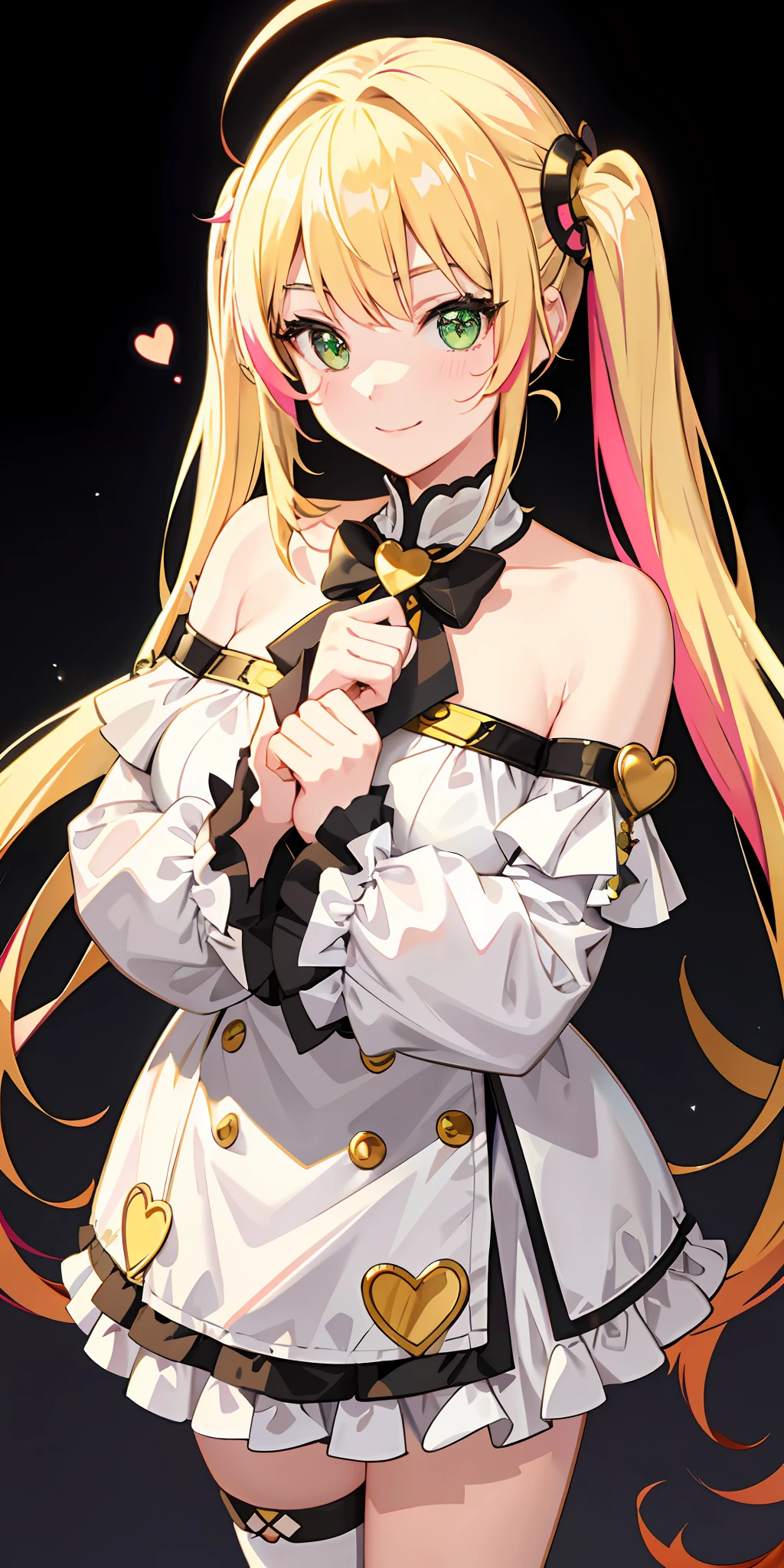 a 1girl, bright, blonde, twin tails, semi-long, heart motif, multicolored hair, green eyes, saleme, head mask, side lights, light particles, wallpaper, big, plump, plump idol, idol costume, loose fluffy, quiet, smile, cute, crazy, gentle, clear, sexy