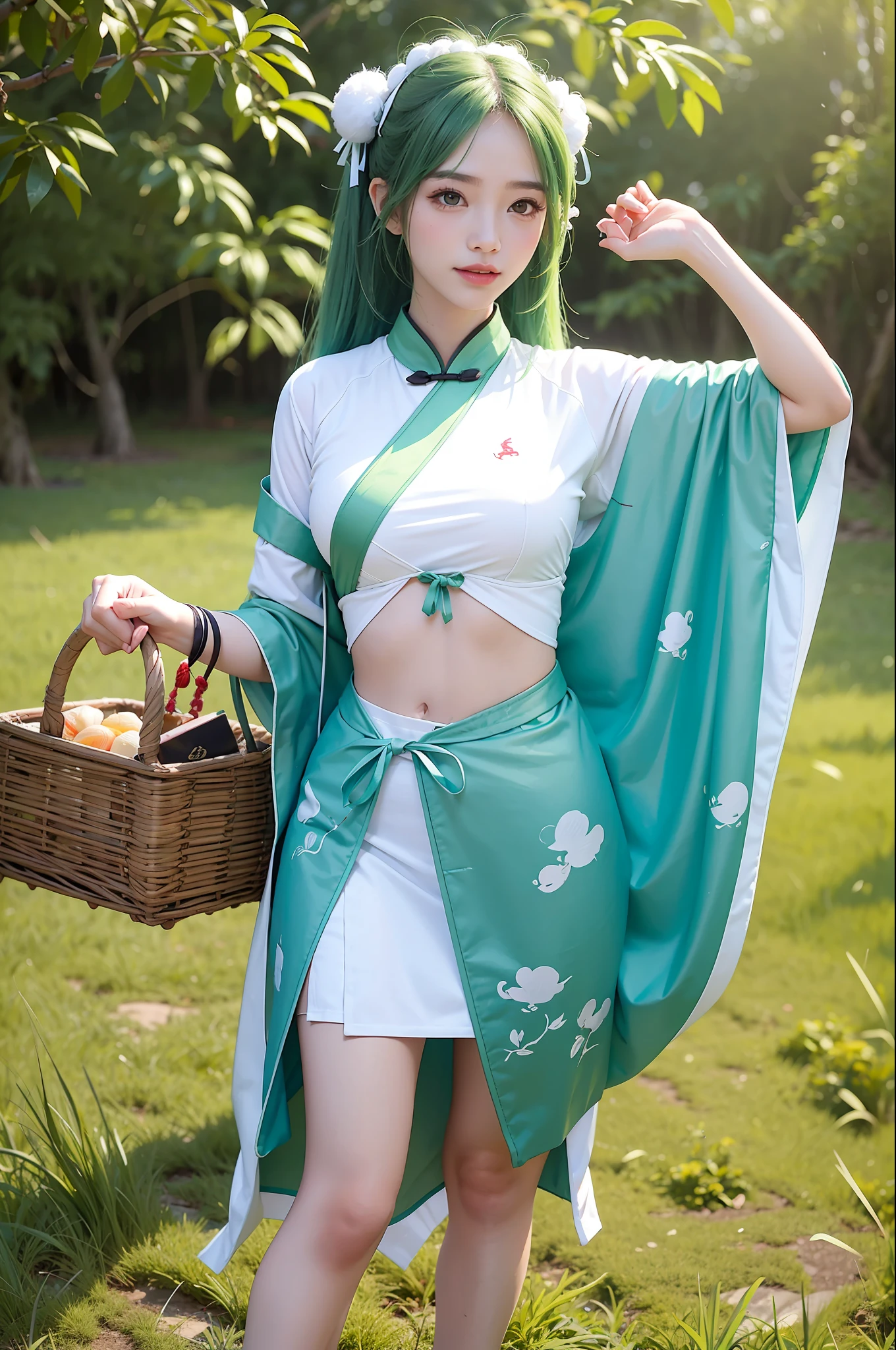 Best picture quality, masterpiece level, super high resolution, Dragon Boat Festival theme, 1 girl, zongzi anthropomorphic, zongzi decoration, refreshing background, green hair beautiful girl, white skin.