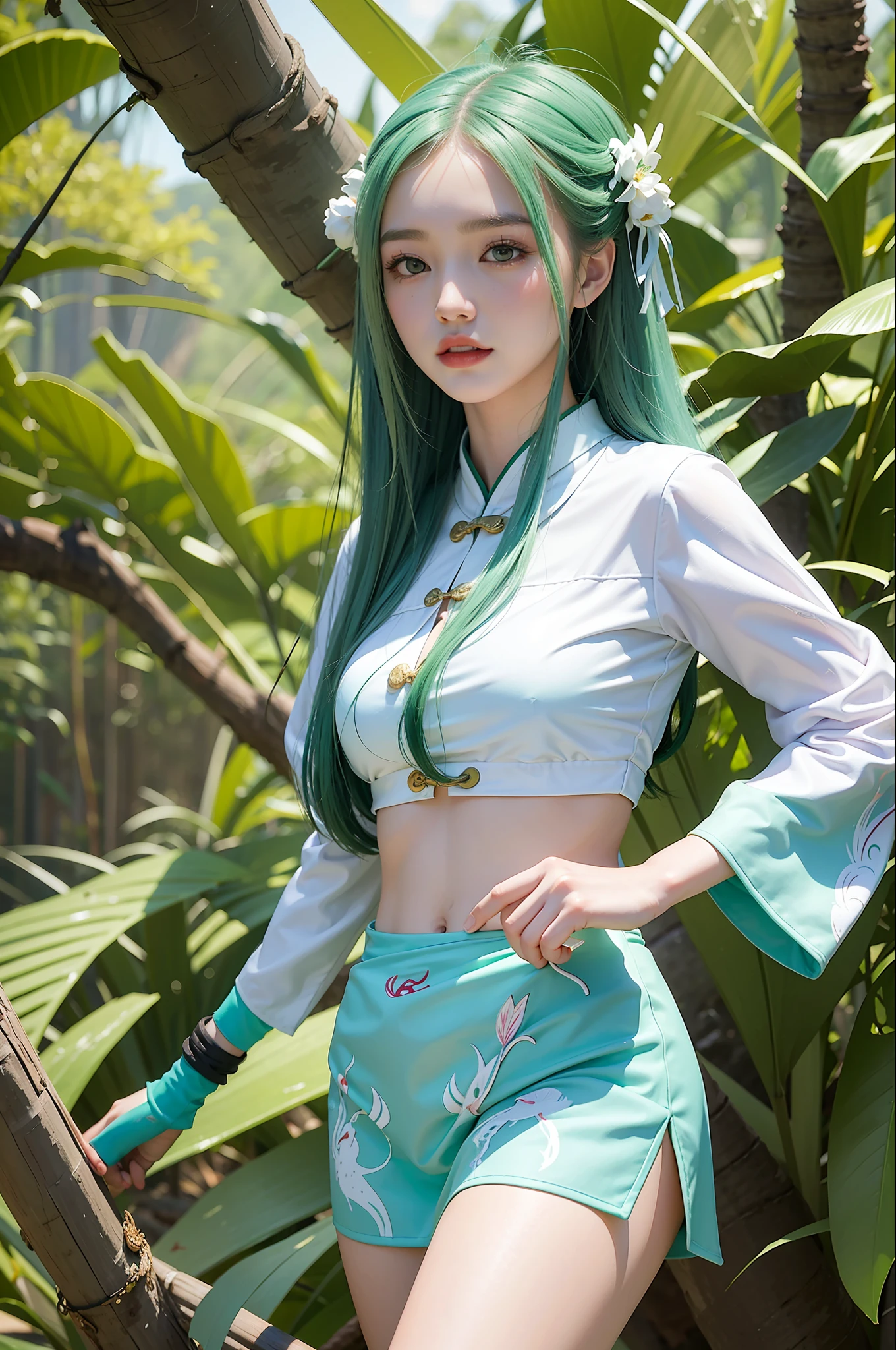 Best picture quality, masterpiece level, super high resolution, Dragon Boat Festival theme, 1 girl, zongzi anthropomorphic, zongzi decoration, refreshing background, green hair beautiful girl, white skin.