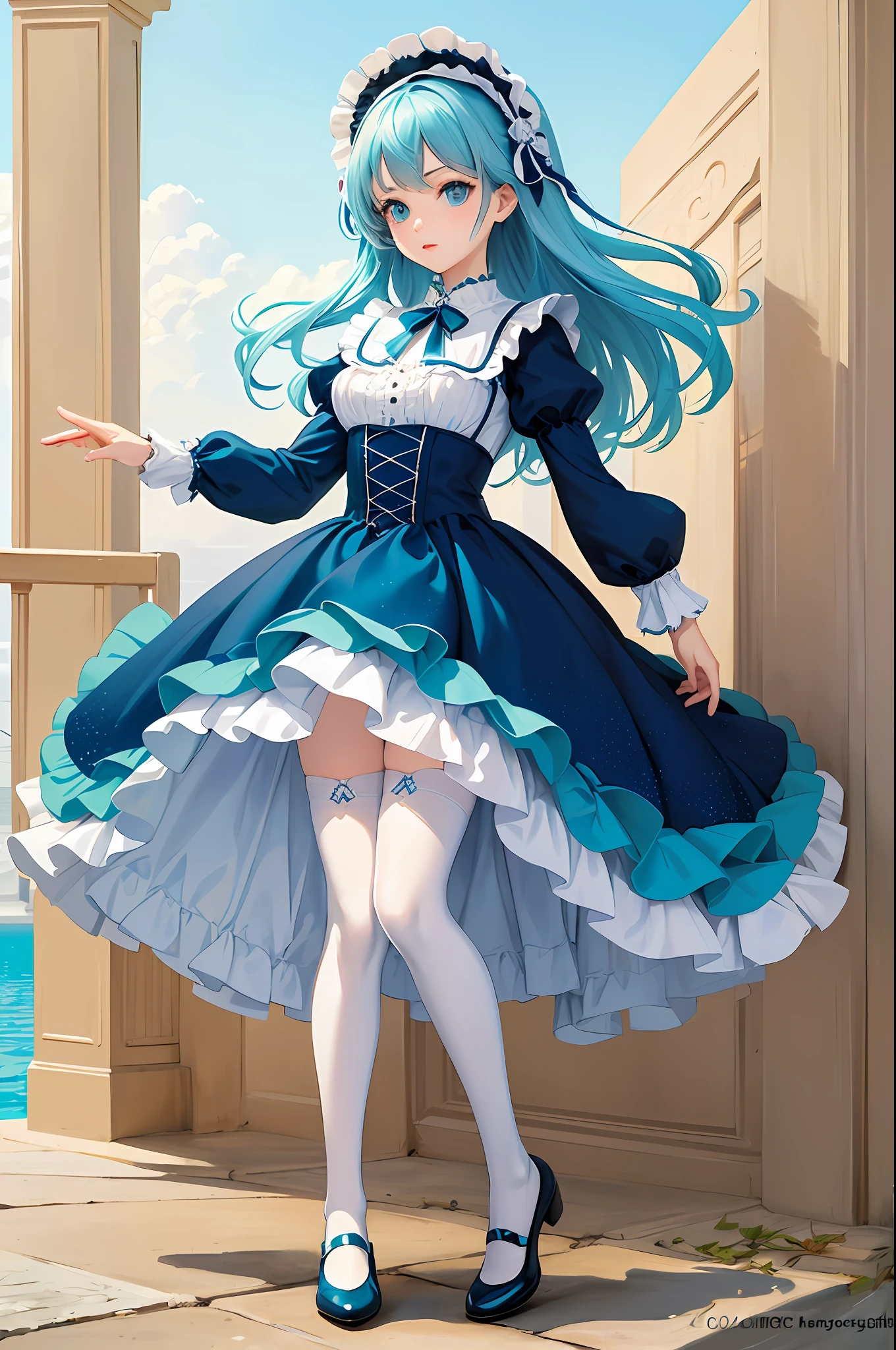 (Masterpiece, Top Quality, Best Quality, Official Art, Beauty and Aesthetics: 1.2), (1girl: 1.3), (Fractal Art: 1.3), Vibrant Aqua Blue Eyes, Medium Hair with Tassels, Full Body, White Tights, Stockings, Lolita Shoes