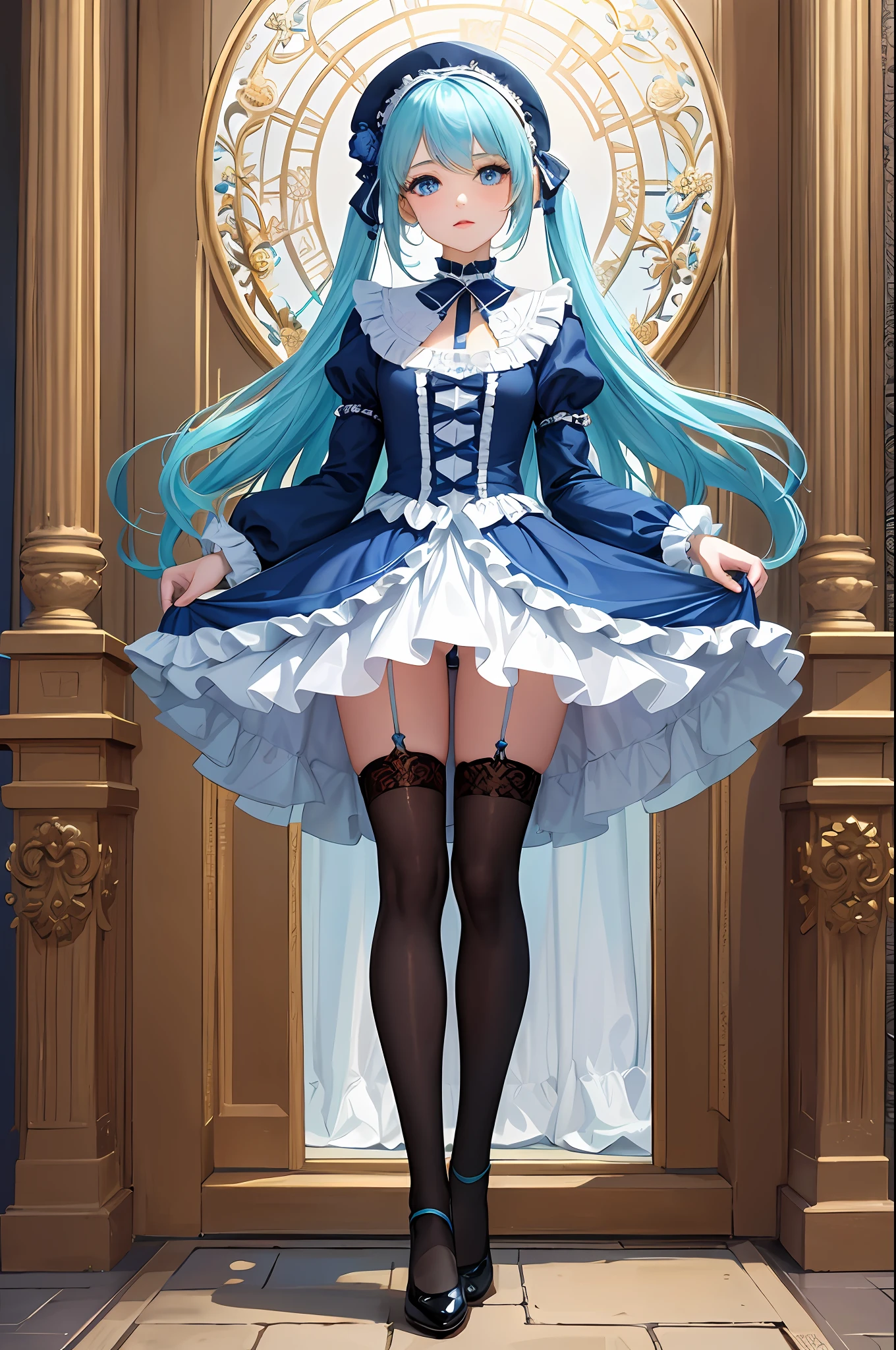 (Masterpiece, Top Quality, Best Quality, Official Art, Beauty and Aesthetics: 1.2), (1girl: 1.3), (Fractal Art: 1.3), Vibrant Aqua Blue Eyes, Medium Hair with Tassels, Full Body, White Tights, Stockings, ta Shoes
