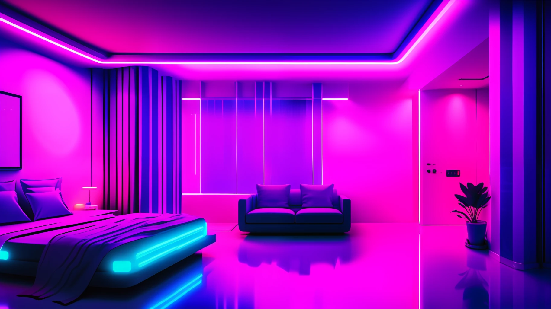 (one-bedroom interior, purple, cyberpunk, 1 person), fluorescent, neon lights, metallic textures, laser lights, dramatic shadows, smoke, dirt, futuristic, dystopian, electronic.