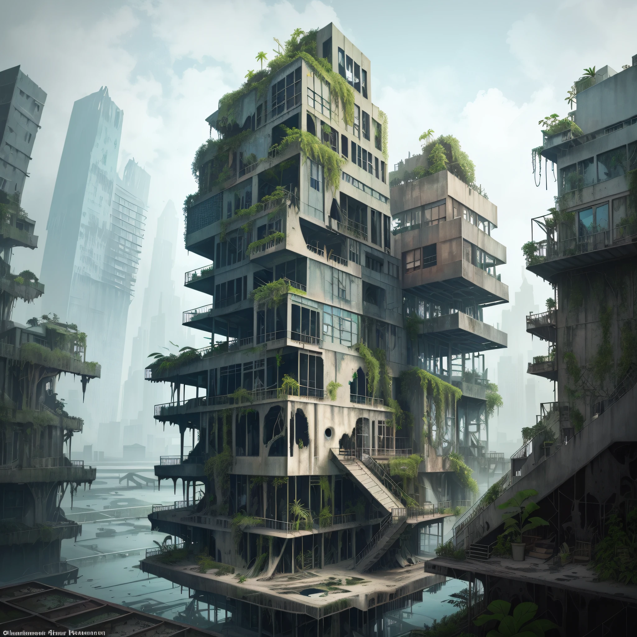 desolation, exterior, powder painting, water flooded city, modern architecture, rainforest biome, unconventional plant community, perfect layout, perspective, hand-drawn parody, constructive approach, industrial staircase, (rusty, pile of broken windows), concrete steel glass, matching composition, simplified water, artistic sky, dramatic landscape, streamlined environment, overgrown [inspired by Machinarium]
