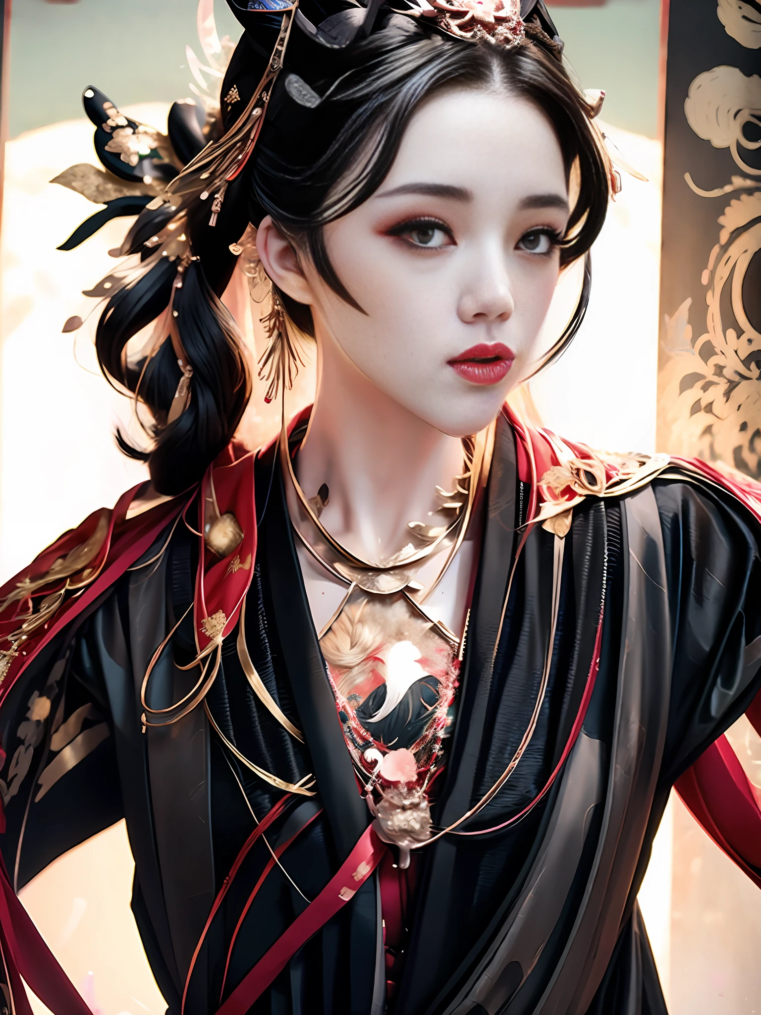 Girl, black hair, wavy curly hair, black clothes, beautiful, extremely high quality, Chinese ornament, 8k