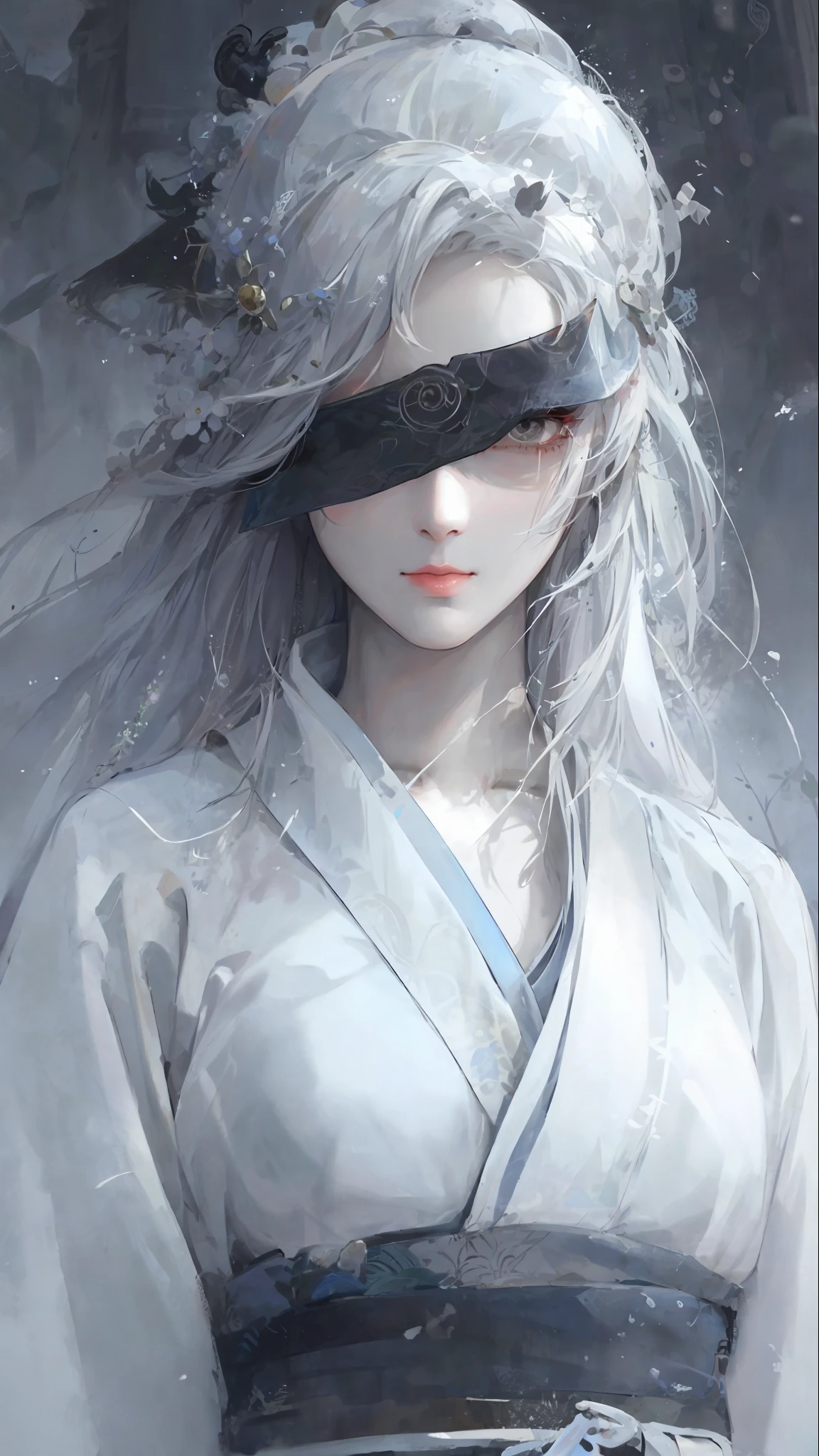 a close up of a woman with white hair and a white mask, beautiful character painting, guweiz, artwork in the style of guweiz, white haired deity, by Yang J, epic exquisite character art, stunning character art, by Fan Qi, by Wuzhun Shifan, guweiz on pixiv artstation
