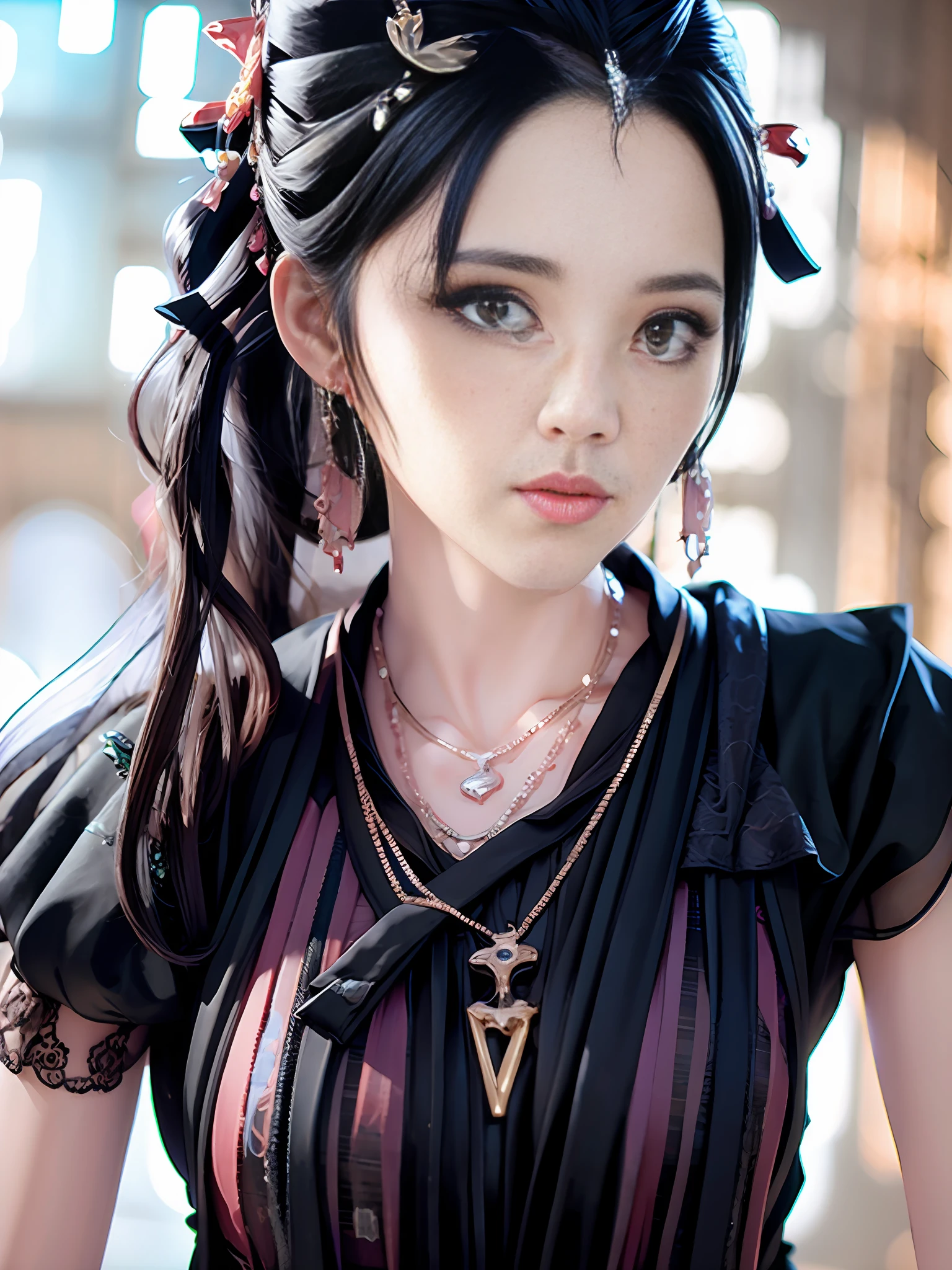 Girl, black hair, hair shawl, wavy curly hair, earrings, clear eyes, bright eyes, black clothes, beautiful, extremely high quality 8k