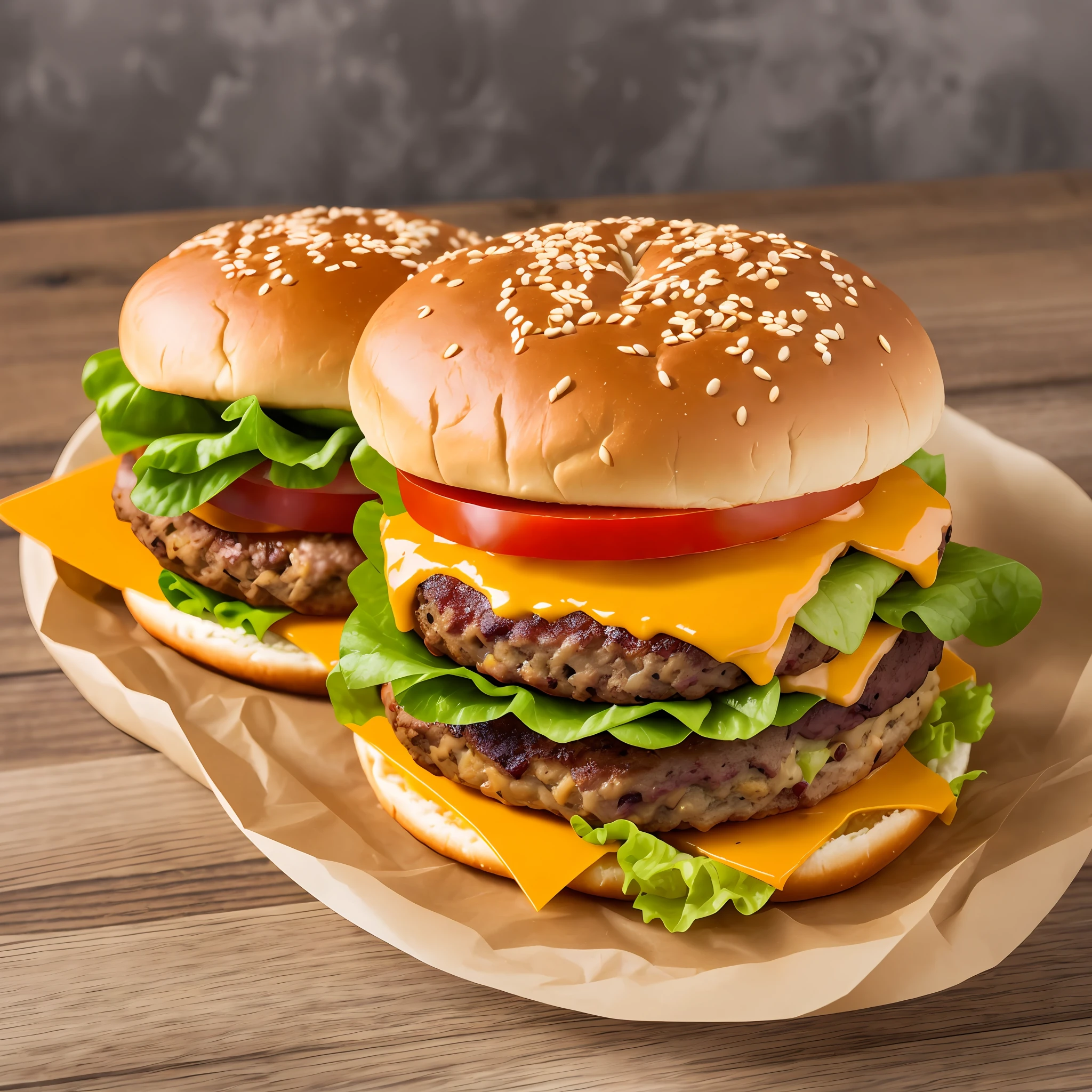 A burger made with breoche bread, industrial meat, cheddar cheese, mayonnaise, lettuce, tomato, onion and ketchup (in real high resolution) --auto --s2
