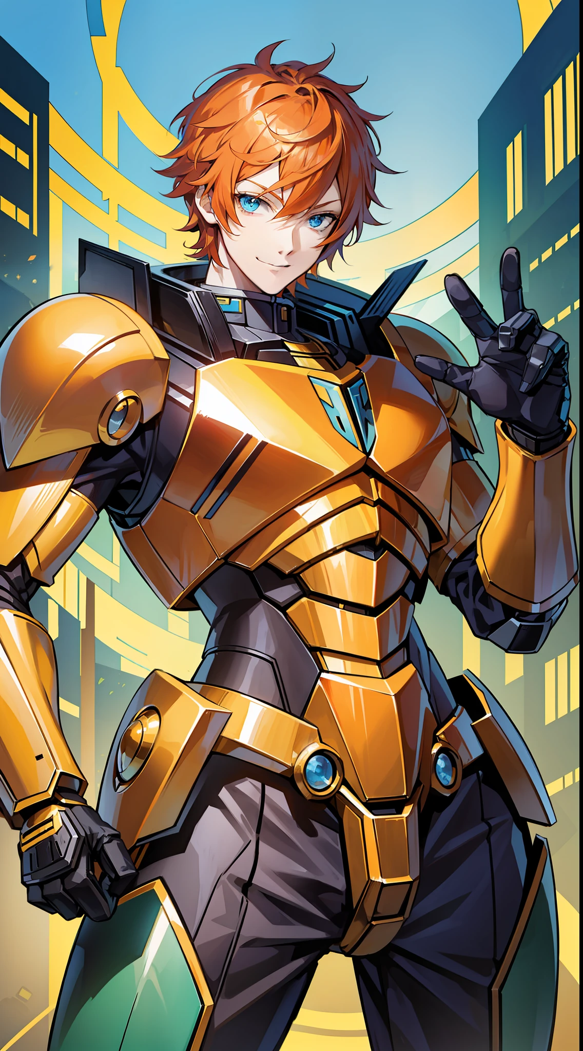 Tall guy, short orange hair, blue eyes, Autobot armor, Bumblebee, fighting stance, smile, masterpiece, high quality