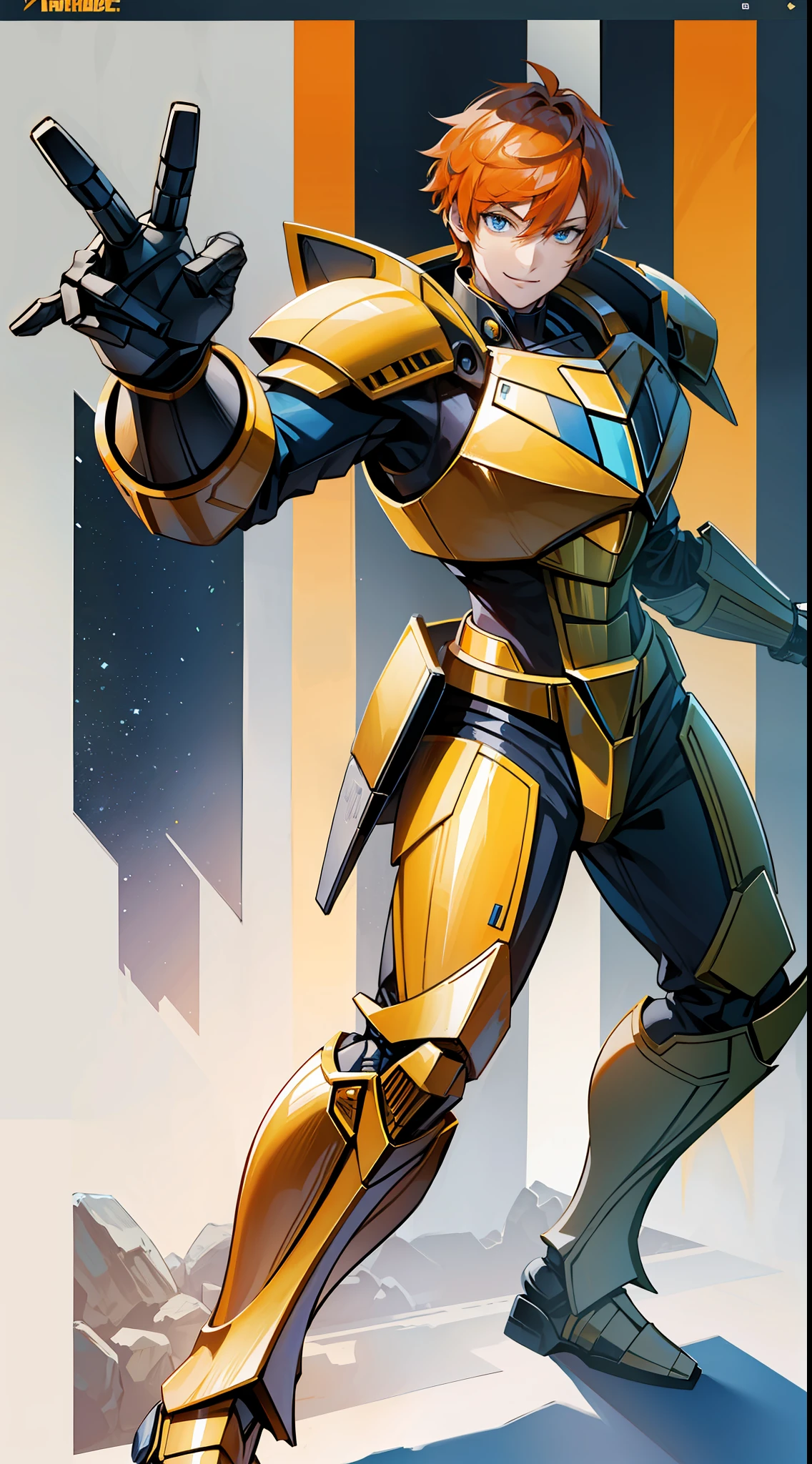 Tall guy, short orange hair, blue eyes, Autobot armor, Bumblebee, fighting stance, smile, masterpiece, high quality