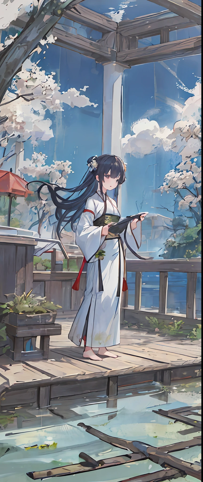 ((4k,masterpiece,best quality)), shuimobysim, traditional chinese ink painting, lotus, hanfu, maxiskit, dress conservatively 1girl, solo, long blue hair, smile, standing, feet in the water, barefoot,