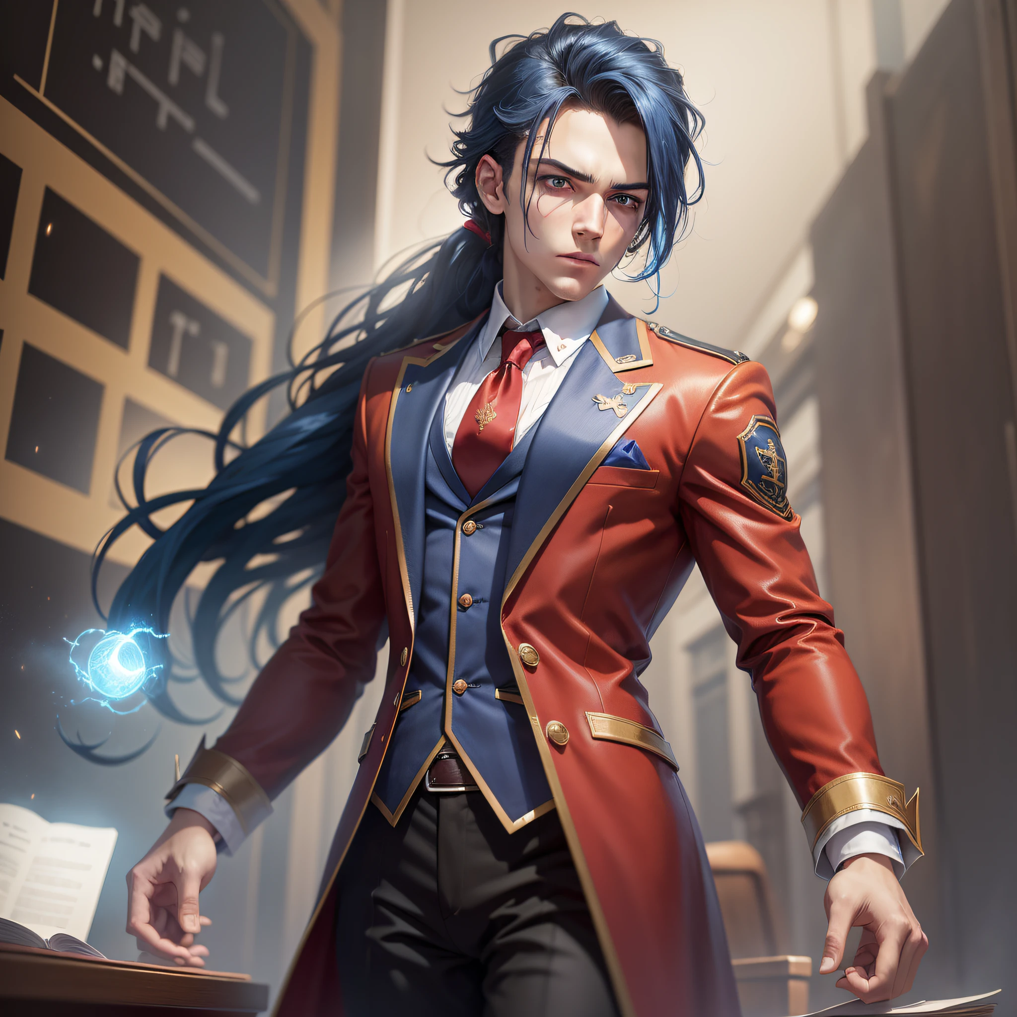 boy, magician, 20 years old, blue eyes, judgemental look, altive posture, long hair, hair in a ponytail, intense blue hair, blue eyebrow, wearing red and gold tailoring, red suit and tie, formal, studying, college student, at a university, (Best Quality), (Highly Detailed), (8k, 4k, Intricate), (Full Body Shot: 1), (85 mm), light particles, lighting, (highly detailed: 1.2), (face detailed: 1.2), (gradients), sfw, color, (eyes detailed: 1.2) (background detailed), landscape detailed, (dynamic angle: 1.2 ), (dynamic mode: 1.2), (third configuration rule: 1.3), (work path: 1.2), (Dramatic), (Romantic), (Vivid), (whole body), (concept art), (highly detailed artwork), (cromatic aberration)