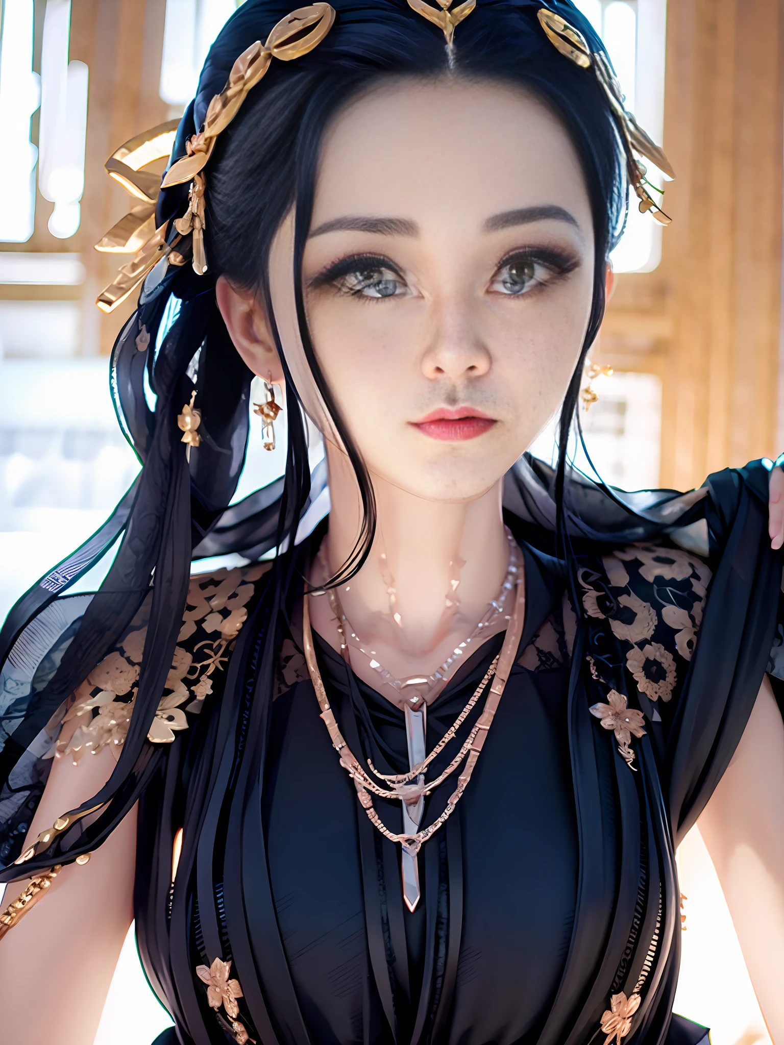 Girl, black hair, hair shawl, wavy curly hair, earrings, clear eyes, bright eyes, black clothes, beautiful, extremely high quality 8k