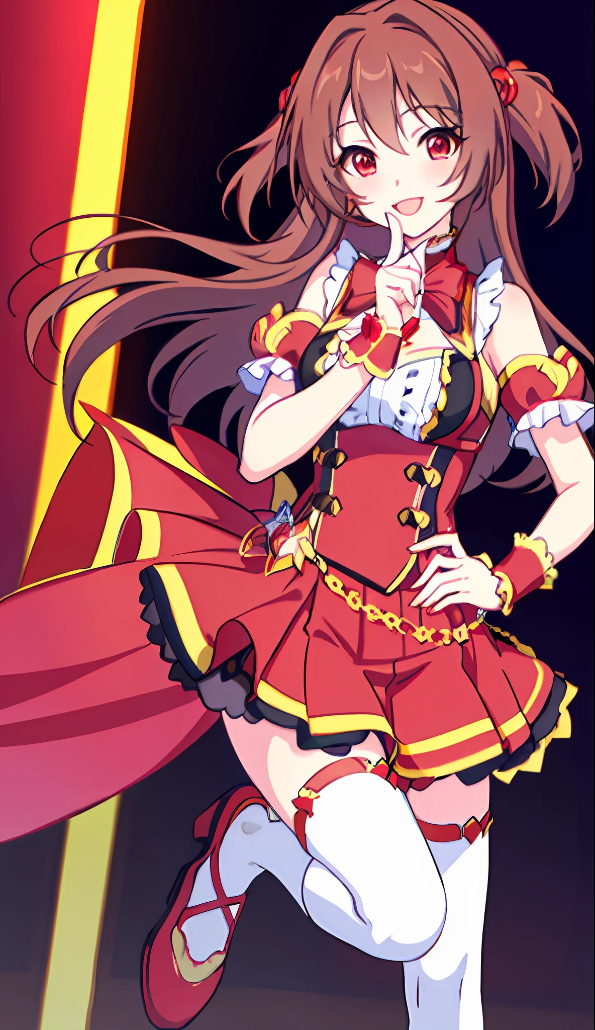 18 Love Beautiful Girl, Masterpiece, Top Quality, 8K Animation, Detailed Fingers, Precise Fingers, Non-Unnatural Hands, Illustration, 1 Girl, Solo、、、 Brown Long Hair, Red Idol Costume, Red Mini Skirt, Red Eyes, White Knee Socks, Nozomi,