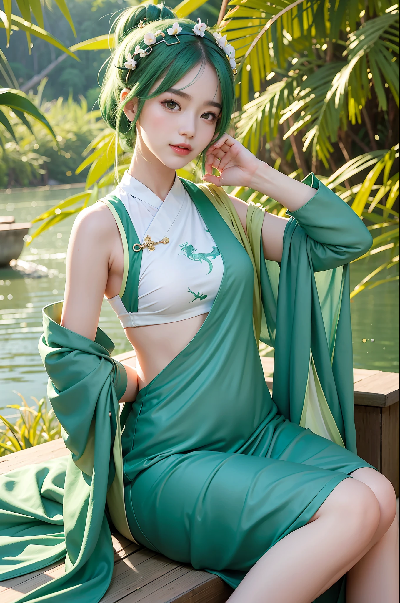 Best picture quality, masterpiece level, super high resolution, Dragon Boat Festival theme, 1 girl, zongzi anthropomorphic, zongzi decoration, refreshing background, green hair beautiful girl, white skin.